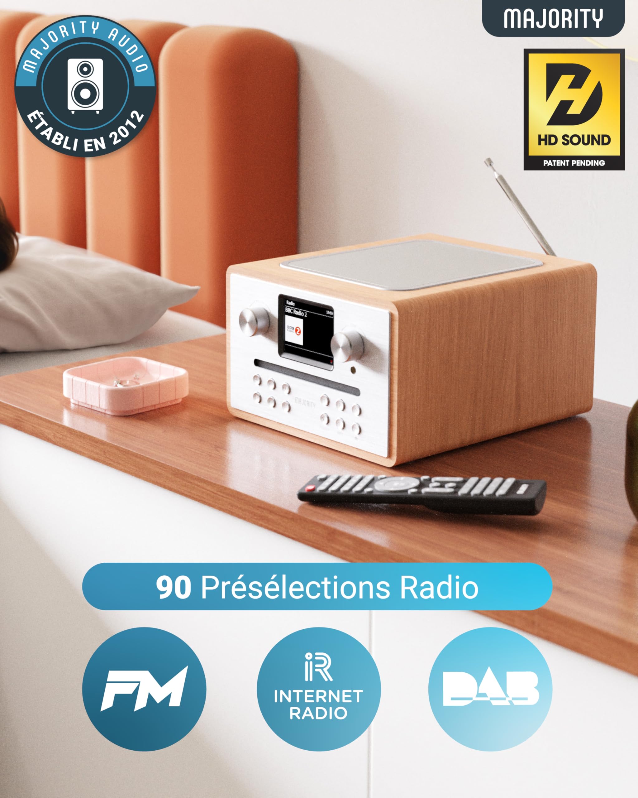 Majority Homerton Oak Wood Internet Radio with DAB+/FM, Bluetooth, Spotify, Podcasts - 90 Presets, Dual Alarm, LED Display & Remote - Perfect for Bedroom, Kitchen, Office