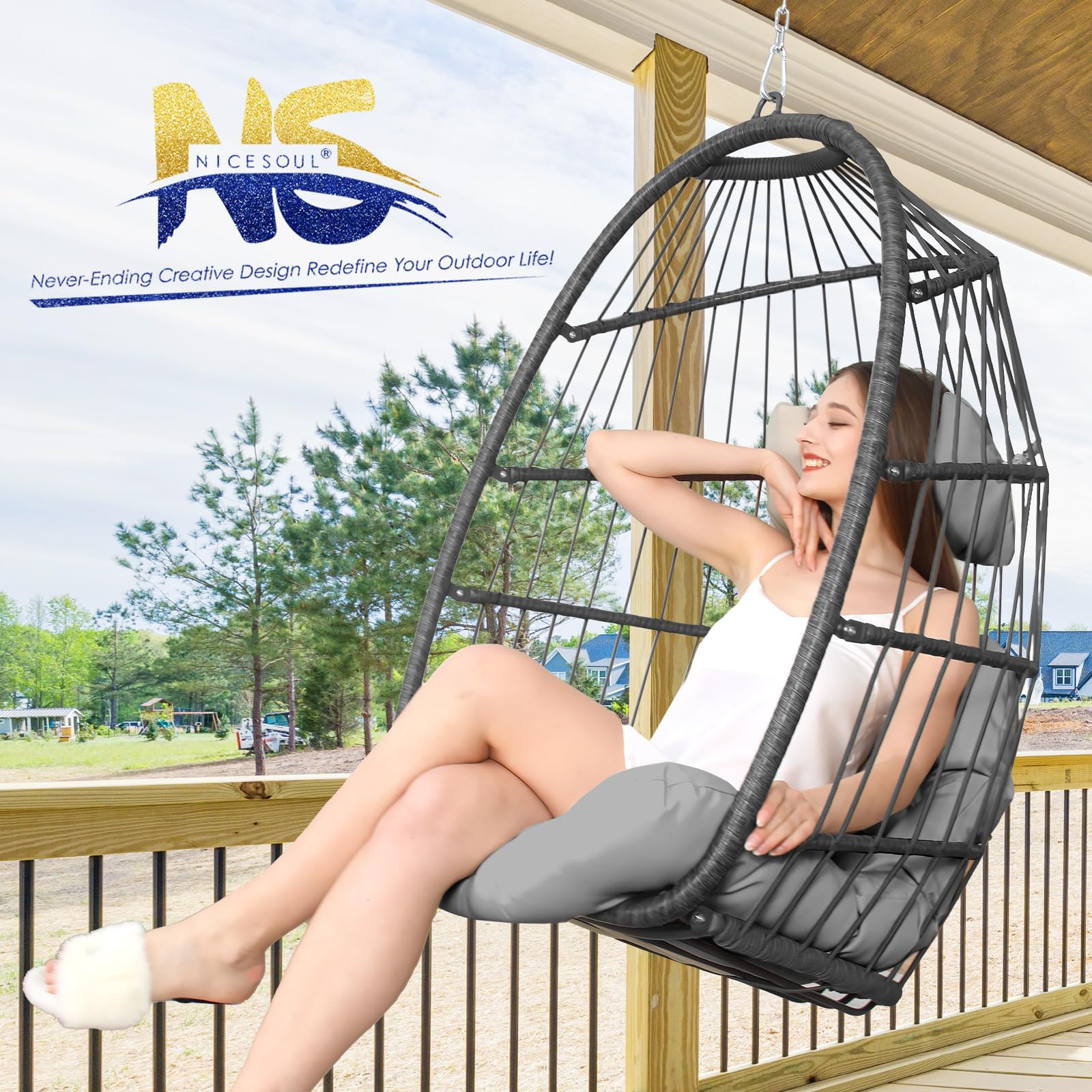 Nicesoul Hanging Egg Chair Without Stand - Indoor/Outdoor Swing Egg Basket with Cushion, 300lbs Capacity - Gray Hammock Chair for Patio, Backyard, Balcony, Bedroom, Porch - Perfect for Relaxing, Reading & Lounging