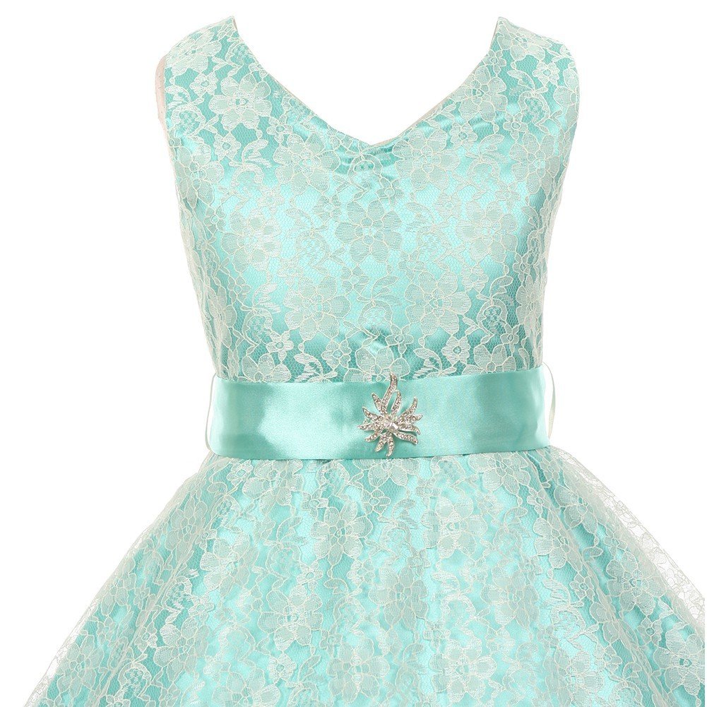 Little Girls Lace Overlay Satin Brooch Flower Dresses for Birthday Party, Easter, Pageant & Special Occasions