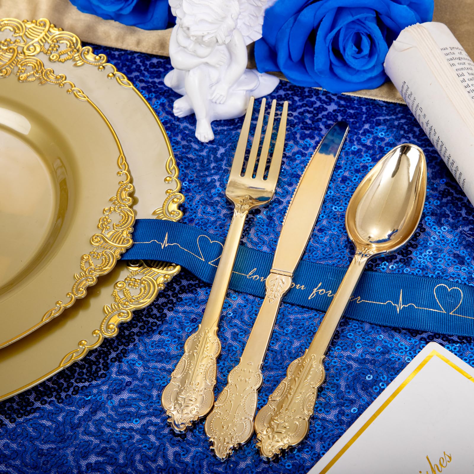Morejoy 175PCS Elegant Gold Plastic Plates Set with Gold Rim - Disposable Dinnerware Includes 25 Dinner Plates, 25 Dessert Plates, 25 Cutlery Sets, 25 Napkins - Perfect for Wedding, Birthday Party, Baby Shower & Holiday Celebrations