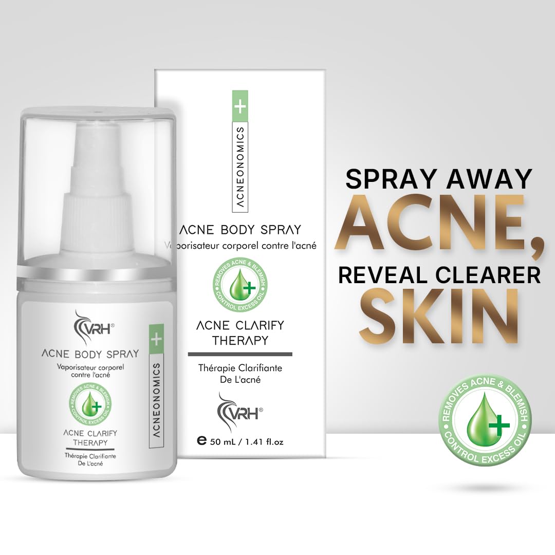 VRH Acne Control Body Spray - Triple Acid Blend (Salicylic, Azelaic & Mandelic Acids) with Niacinamide & Tea Tree Oil | Zinc Oxide Protection | Soothes Skin with Seaweed & Tazetta Bulb | Clarifying Treatment for Clearer Skin at All Ages | 50ml | Perfect for Post-Workout, Travel & Daily Skincare Routine