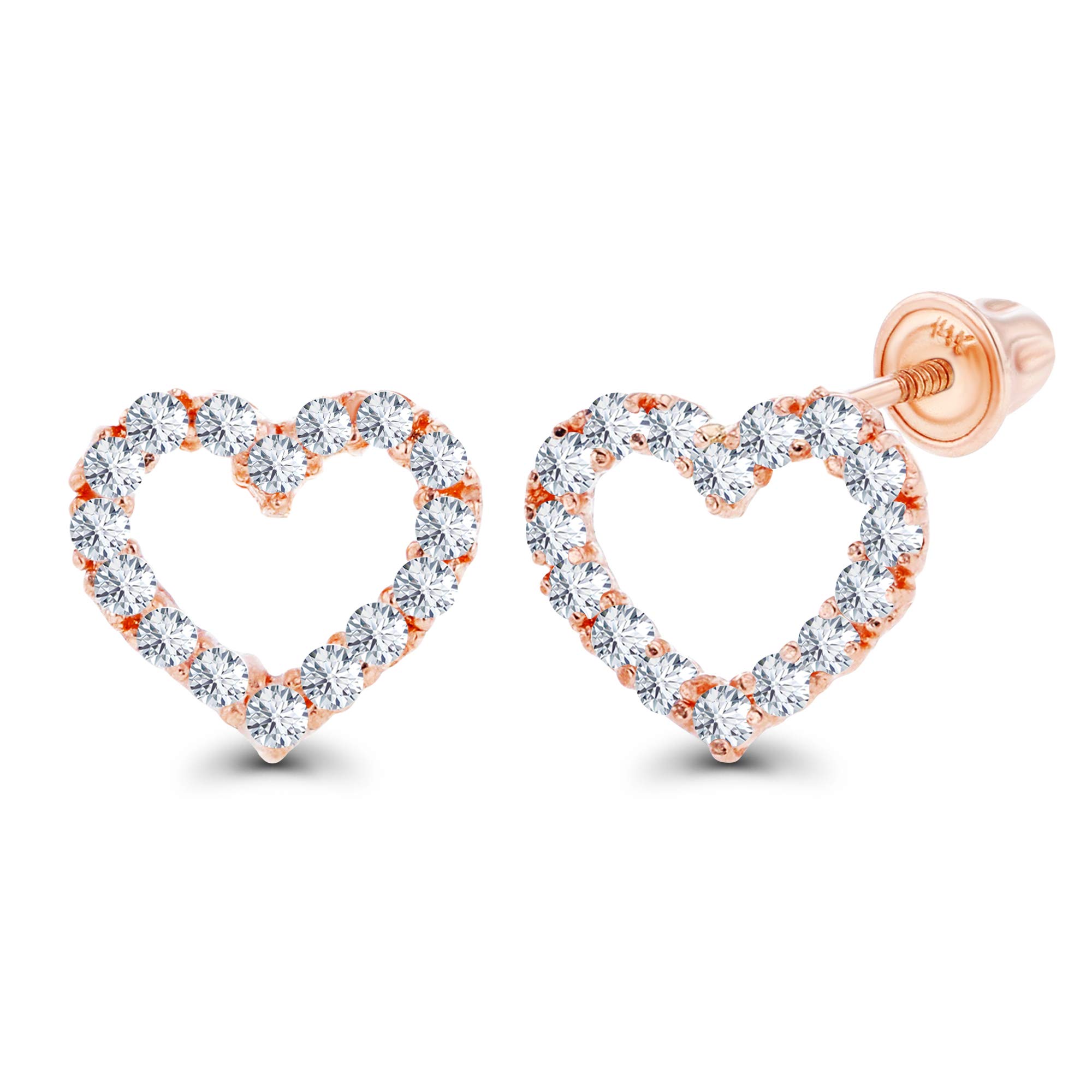 14K Gold 7mm Open Heart Natural Birthstone Screwback Stud Earrings for Women | Round Birthstone Pave Heart Earrings | Perfect Gift for Birthday, Anniversary & Valentine's Day