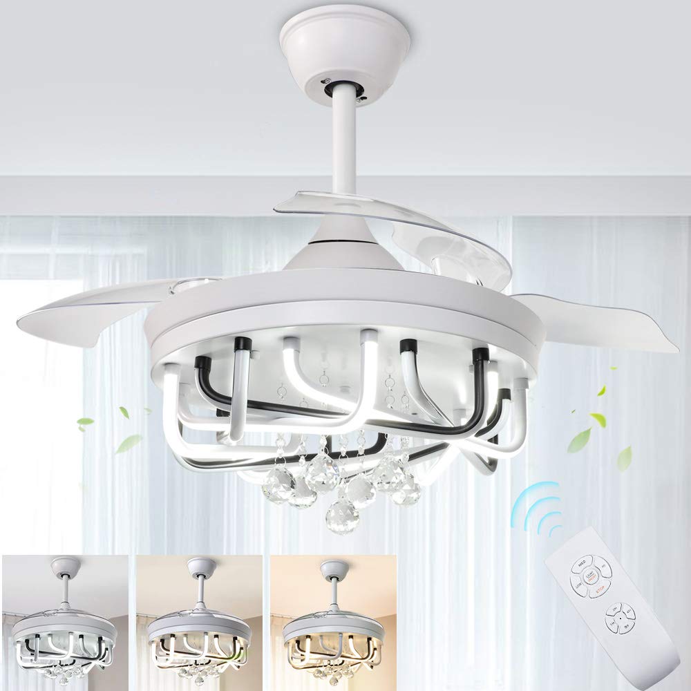 40W LED Ceiling Fan with Remote Control - 42 Inch Modern Chandelier Style, 3-Blade Retractable Flush Mount Fan Light (3 Color Changing Modes, Timer Function) for Bedroom, Living Room & Kitchen | FCC Certified | Energy Efficient Home Cooling Solution