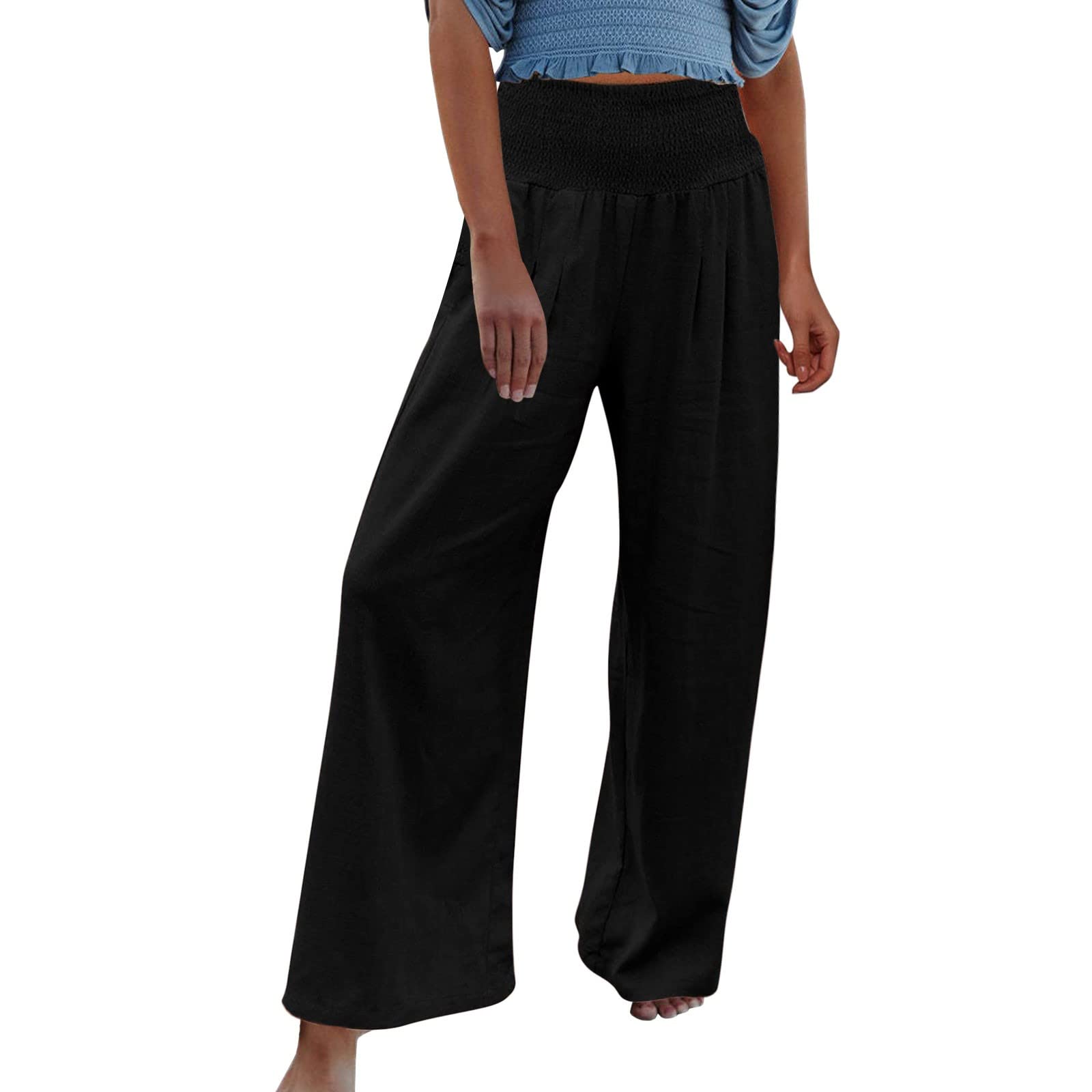 Women's High Waist Linen Wide Leg Pants - Solid Color Sexy Casual Trousers for Summer, Beach, Office & Lounge Wear
