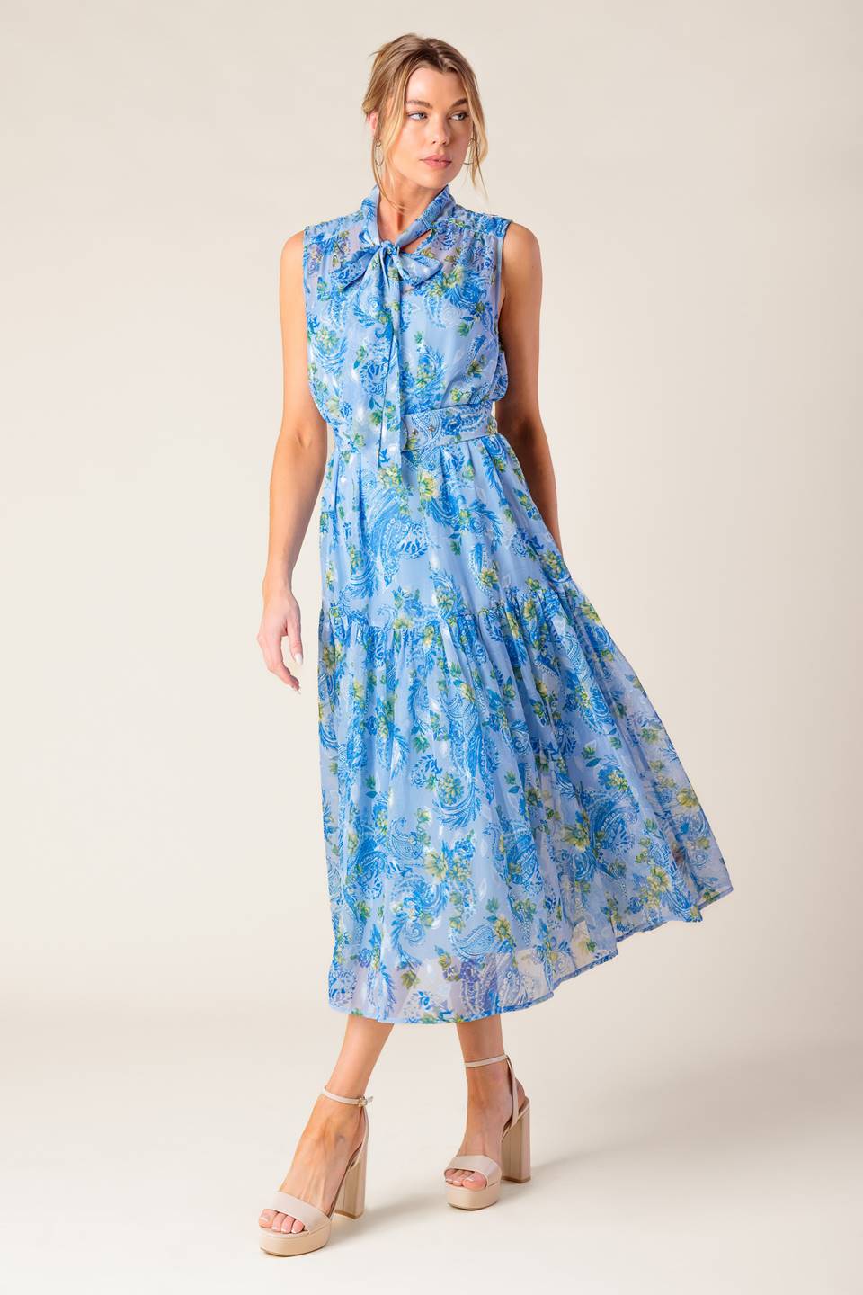 EVER AFTER BOW TIE MIDI DRESS in Powder Blue - Elegant A-Line Flowy Formal Dress for Weddings, Parties & Special Occasions