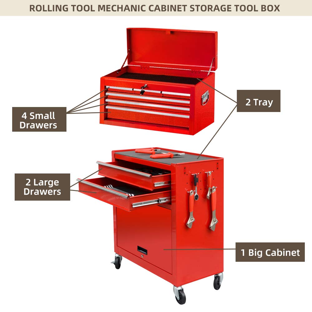 Heavy Duty Large Capacity Rolling Tool Chest with 8 Sliding Drawers - Removable & Lockable Tool Storage Cabinet Organizer for Garage, Workshop & DIY Projects - Red Toolbox for Professional Mechanics & Home Improvement