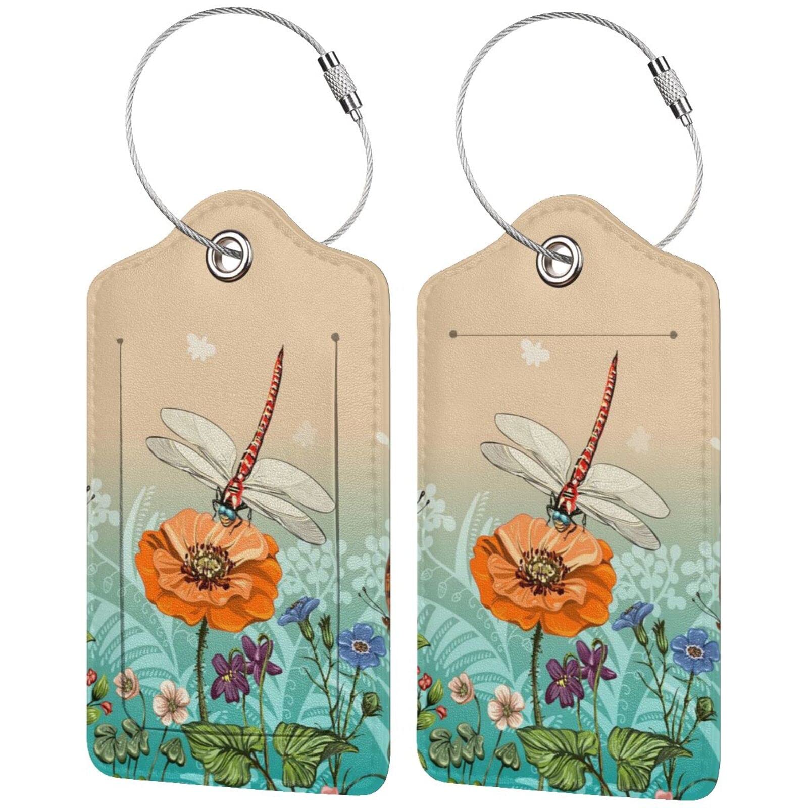 Dragonfly Spring Flowers Leather Luggage Tags Set of 2 - Personalized Privacy Cover Suitcase Labels with Stainless Steel Loop for Women & Men - Perfect for Travel, Vacation & Business Trips