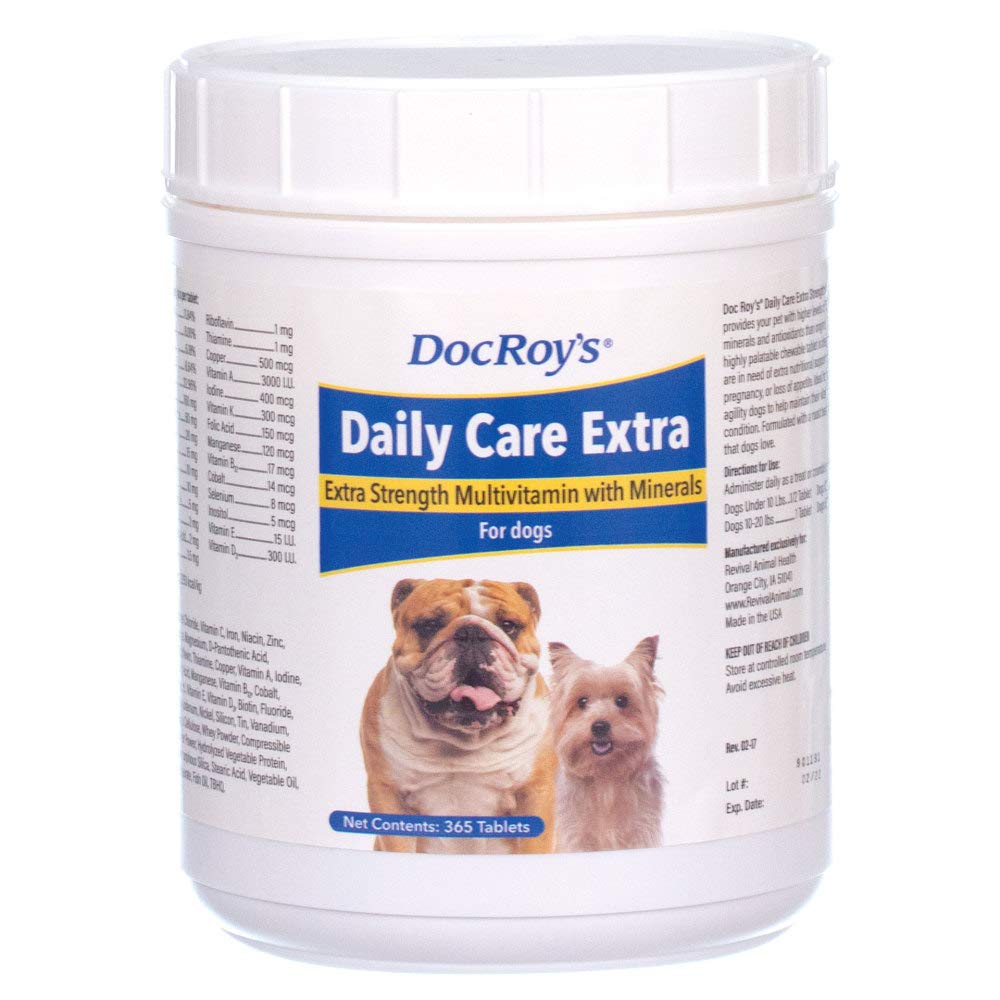 Doc Roy's Daily Care Extra Multivitamin with Minerals for Dogs - Complete Canine Health Supplement with Vitamins A, B, C, D, E - 365 Chewable Tablets for All Breeds & Ages - Supports Immune System, Skin & Coat Health - Perfect for Daily Nutrition & Senior Dog Care
