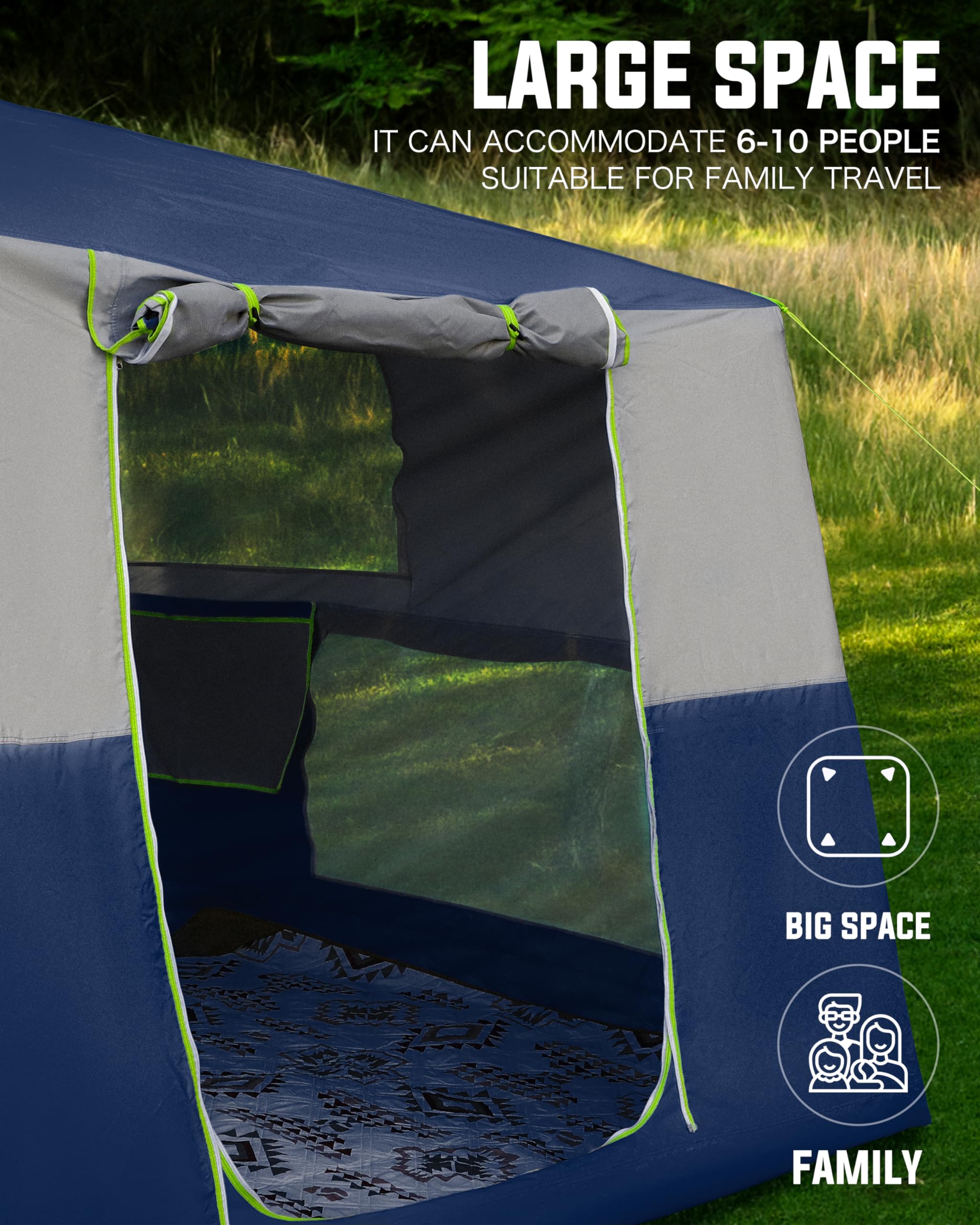 14.1'x6.5'x9' Inflatable Camping Tent - Waterproof & Windproof 6/8/10 Person Family Air Tent with 2 Doors & 6 Mesh Windows | Easy Setup Portable Blow Up Tent for Outdoor Adventures, Beach Trips & Backyard Camping