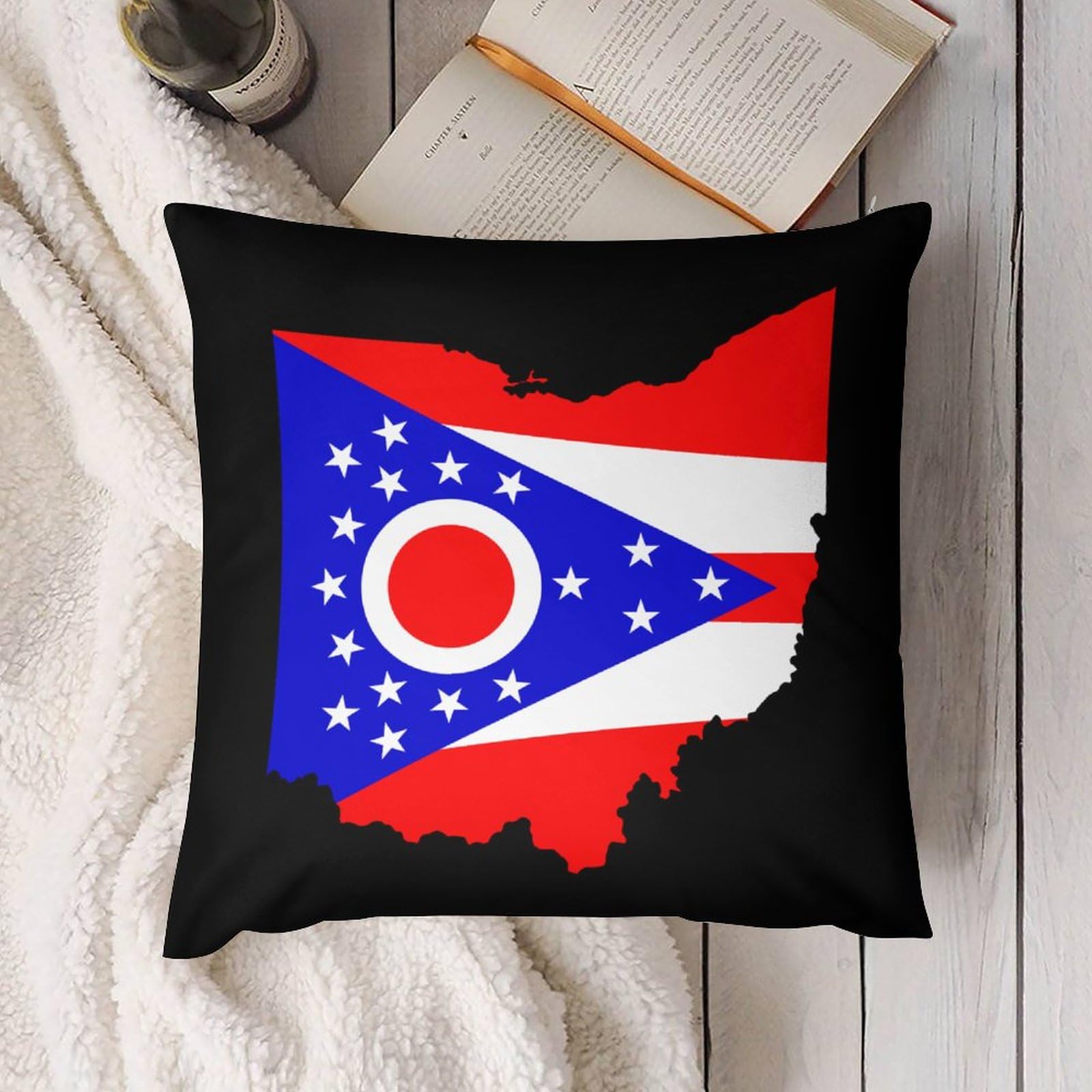 Ohio State Flag Map Plush Pillow Covers Set of 4 - 16x16 Inch Soft Cushion Covers for Sofa, Bed, Couch - Perfect for Home Decor, College Dorm, Game Day & Patriotic Gift