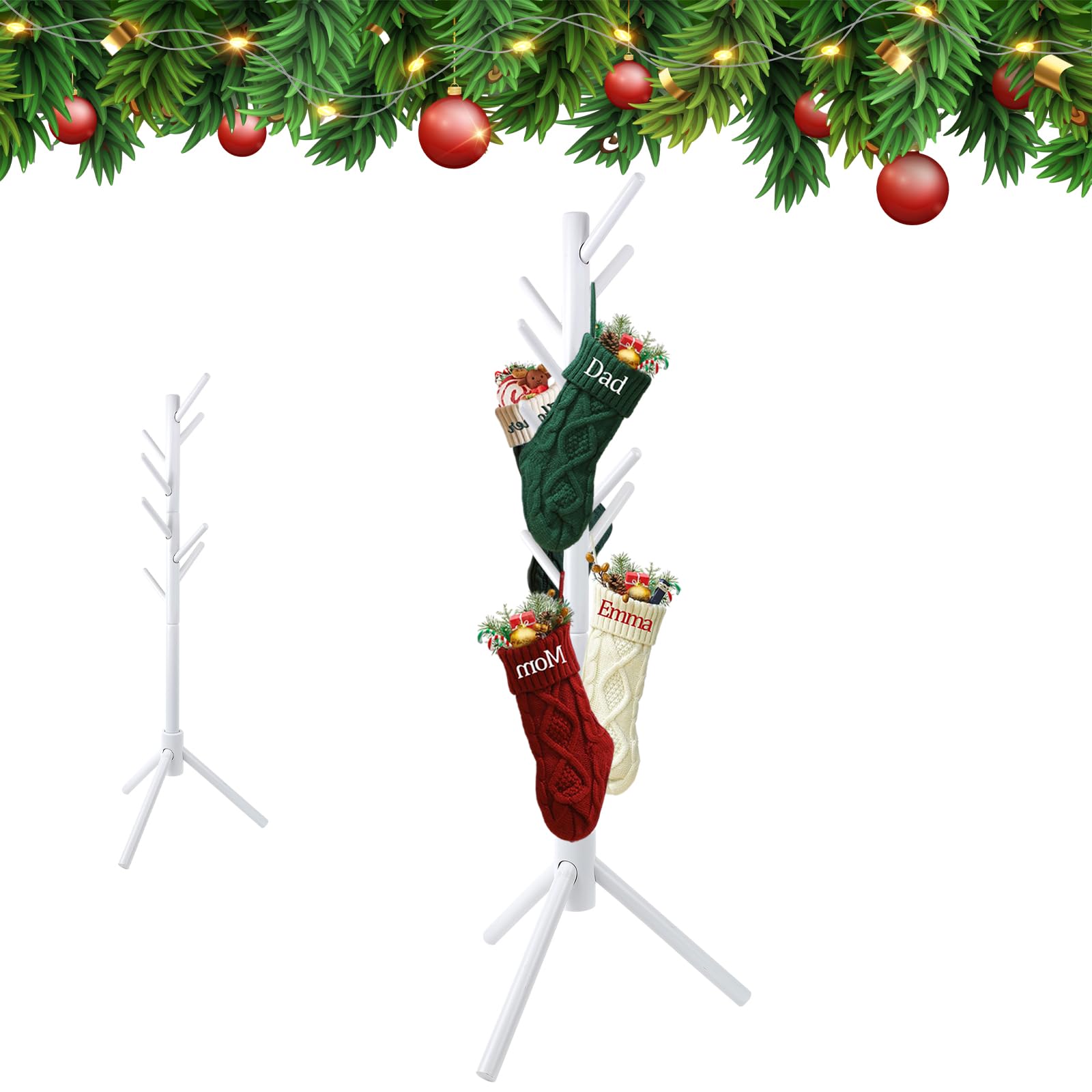 Wooden Christmas Stocking Holder Stand with 8 Hooks - White Hanging Stocking Hanger for Fireplace Mantel, Wall Decor, Holiday Home Decoration