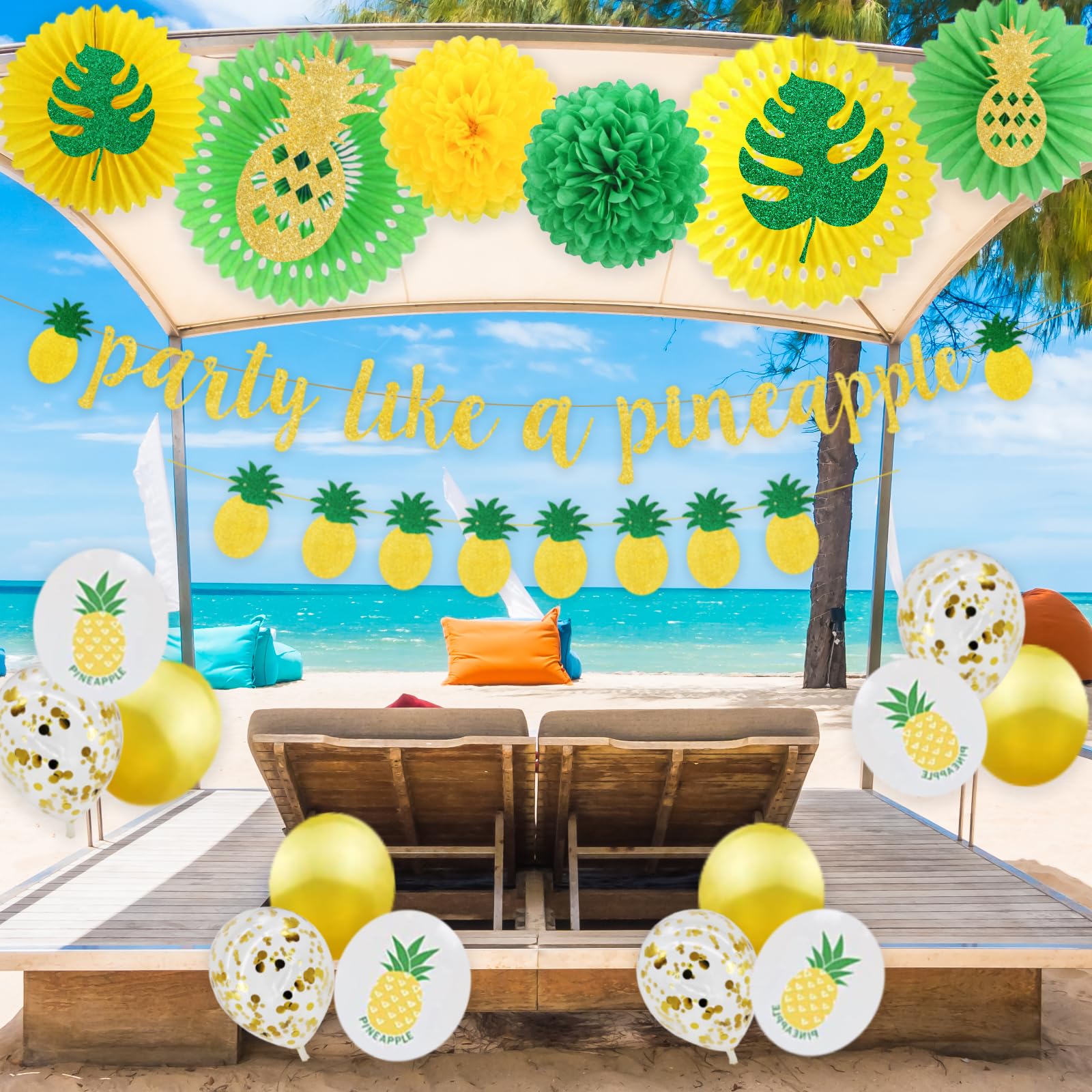 Pineapple Party Decorations & Supplies - Tropical Hawaiian Luau Summer Party Decor Set with Banner, Paper Fans, Leaves & Pineapple Cutouts in Green & Yellow | Perfect for Aloha Themed Parties, Birthday Celebrations & Summer Events