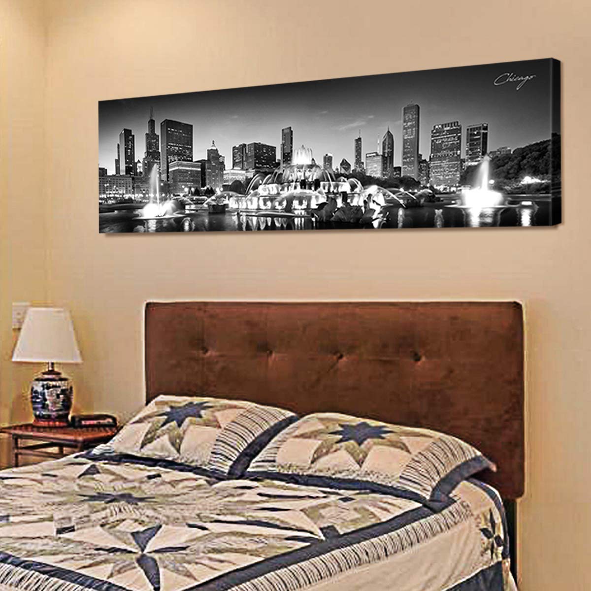 Chicago Skyline Canvas Wall Art - Black & White Panoramic Cityscape Print, Modern Home & Office Decor (14x48