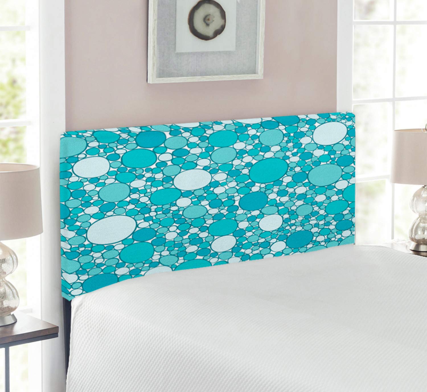 Ambesonne Abstract Upholstered Headboard with Memory Foam - Modern Aqua Bubble Design in Turquoise Teal - Twin Size Metal Bed Frame for Contemporary Bedroom Decor | Perfect for Guest Rooms, Dorms & Master Bedrooms