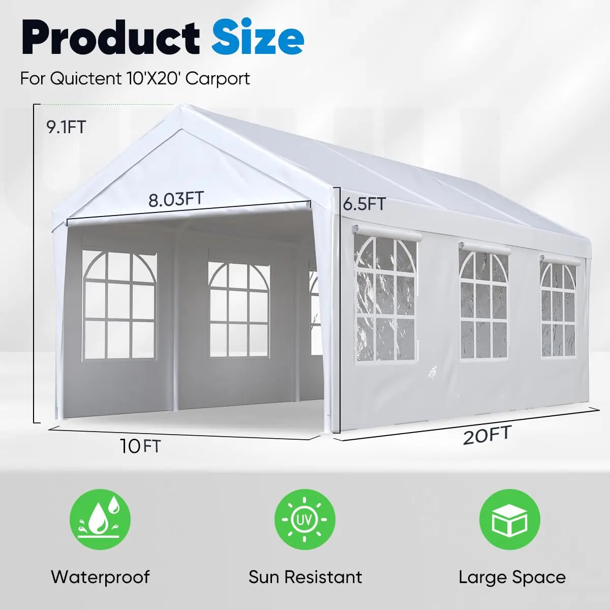 20' x 10' Heavy Duty Car Shelter with Clear Windows - Waterproof Outdoor Vehicle Cover for Cars, Trucks, SUVs - Perfect for Home Garage, Driveway & RV Storage Protection