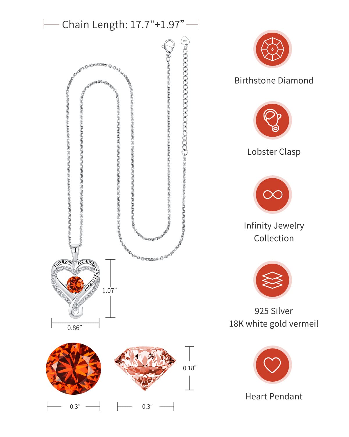 Infinity Heart Birthstone Necklace for Women - I Love You Sterling Silver Jewelry Gift for Wife, Girlfriend, Mom, Daughter | Anniversary, Birthday Present Idea | Perfect for Valentine's Day, Mother's Day & Special Occasions | S925 Sterling Silver