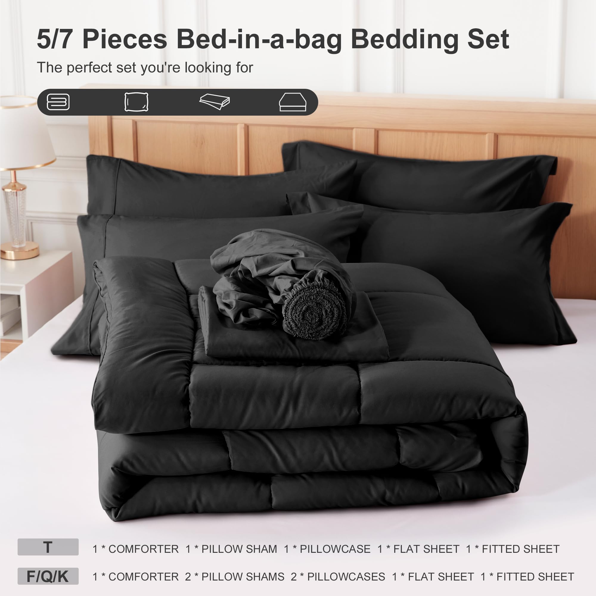 Newspin Twin Bed in a Bag - 5 Piece Black Comforter Set | Ultra Soft All Season Bedding Set Includes Comforter, Flat Sheet, Fitted Sheet & Pillowcases | Perfect for Guest Rooms, Dorms & Cozy Bedrooms
