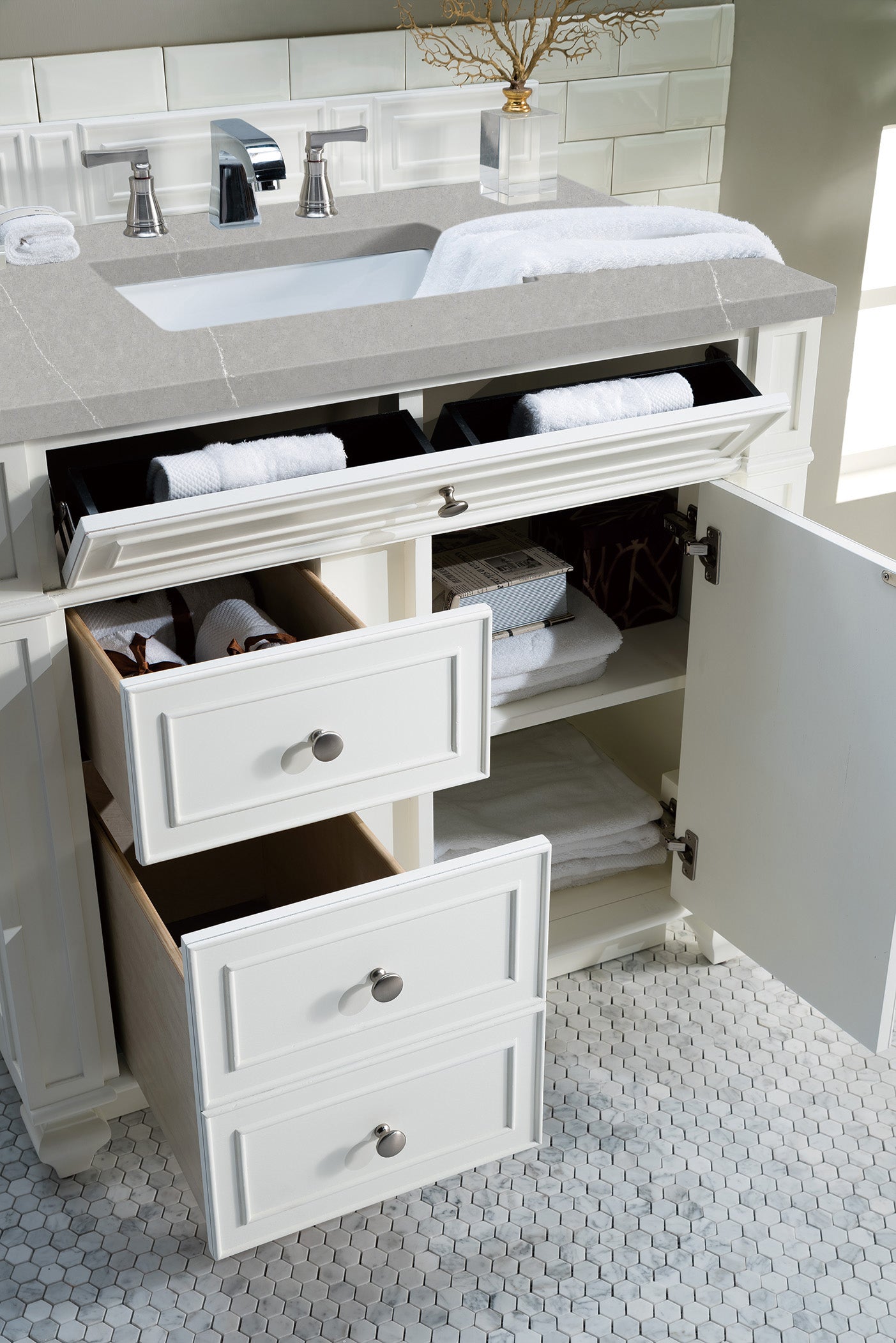 Bristol 36 Inch Single Bathroom Vanity Set with 3CM Eternal Serena Quartz Top in Bright White - Perfect for Modern Master Bath or Powder Room Remodel