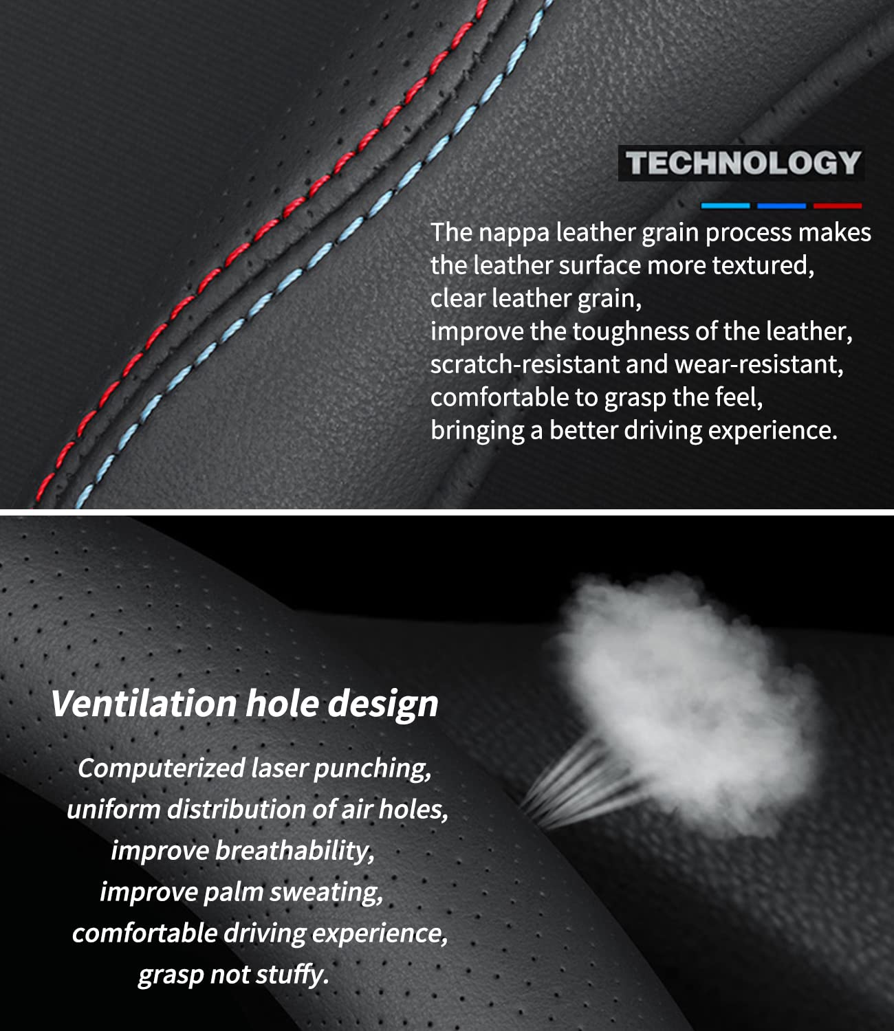 Premium Leather Tesla Steering Wheel Cover with Logo - Non-Slip, Breathable C-Style Design for Model 3/Y/S/X - Enhance Grip & Comfort for Daily Driving & Road Trips