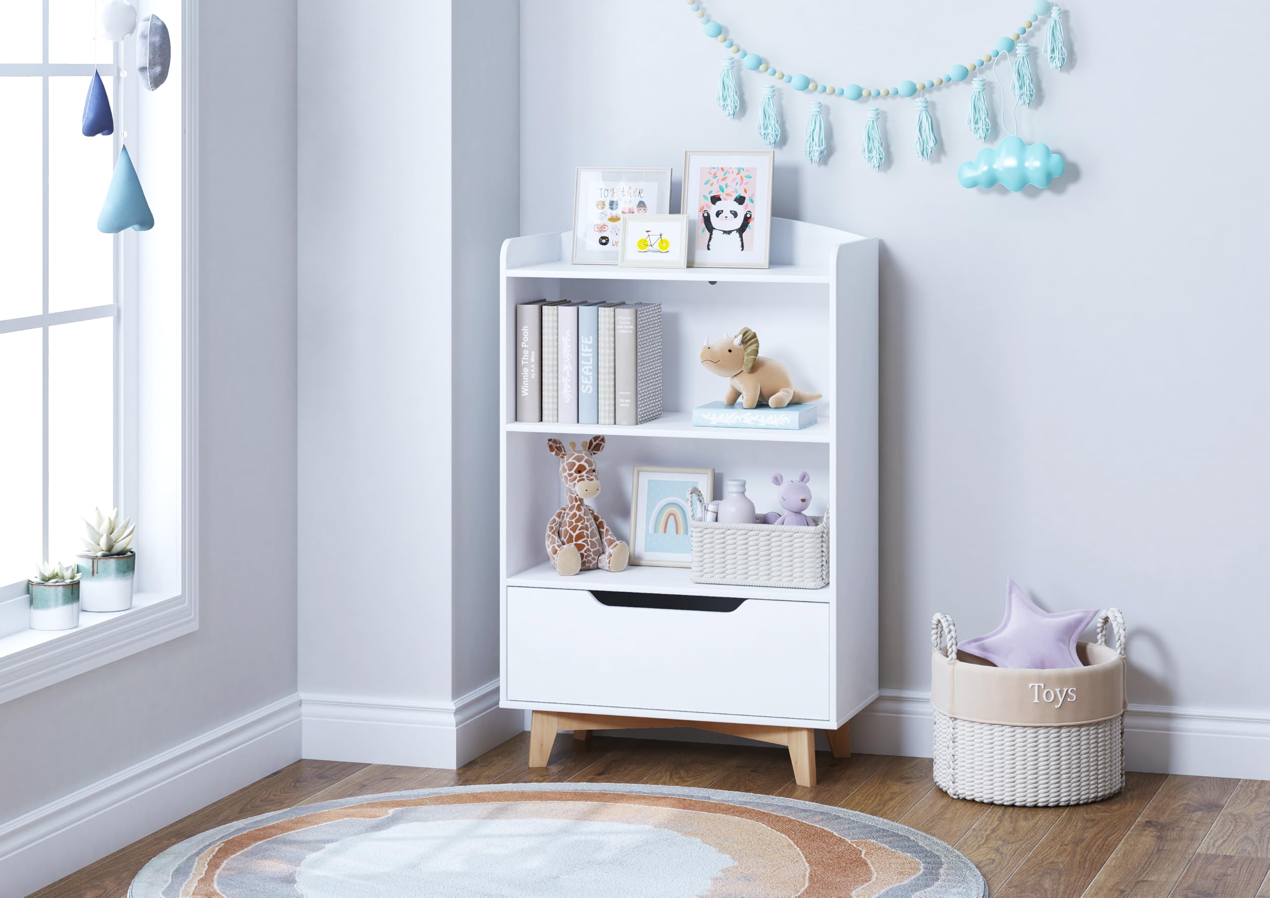 UTEX Kids Bookshelf with Storage Drawer - Wooden Toy Organizer for Playroom, Nursery, School - White | Perfect for Kids' Bedroom, Classroom & Daycare Storage