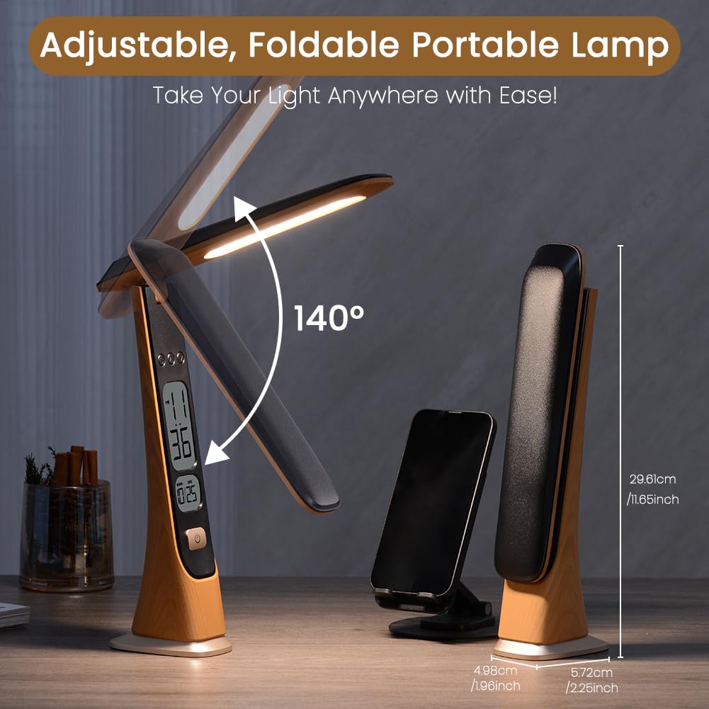 Rechargeable Cordless Table Lamp - Foldable Portable LED Desk Light with Stepless Brightness & Time Display | Battery Operated Office Lamp, Reading Light, College Dorm Essential for Study, Bedside & Night Use