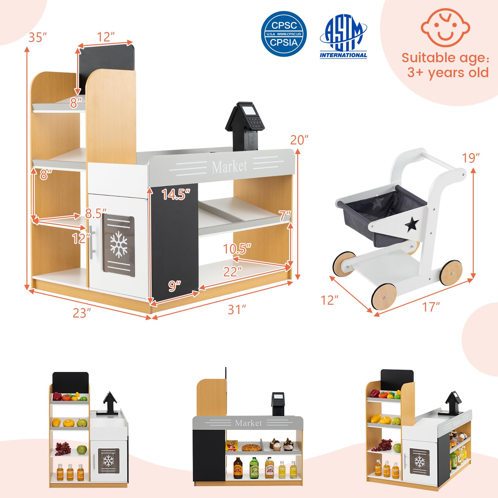 HONEY JOY Kids Wooden Grocery Store Playset with Shopping Cart, Supermarket Checkout Stand, Blackboard & Display Shelves - Pretend Play Toy for Toddlers & Preschoolers | Perfect Gift for Boys & Girls | Natural Wood Design for Home, Classroom & Playroom Fun