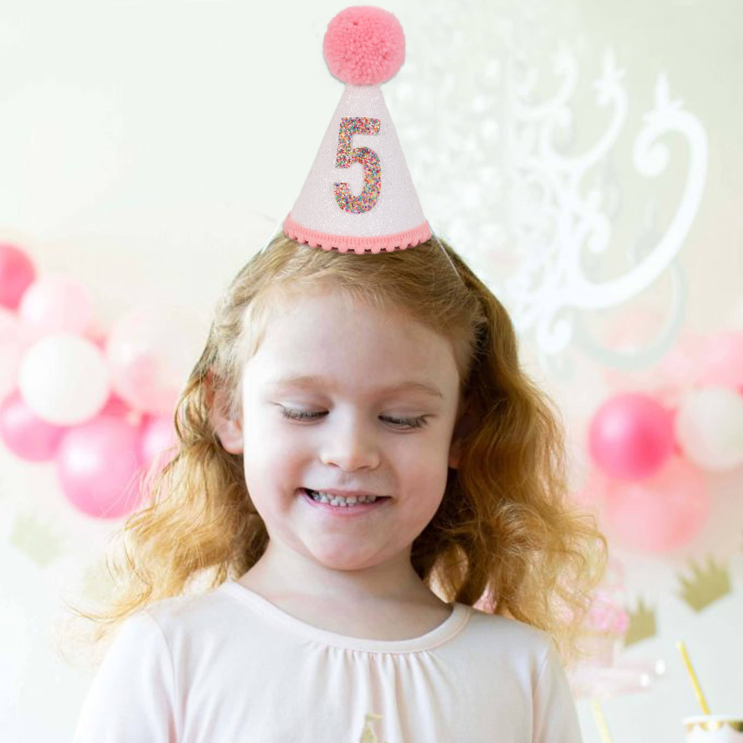 Sparkly Pink Glitter Birthday Hat with Pom Topper for Girls - Cute Party Accessories for Birthday Celebrations, Photo Booths & Princess Themed Events