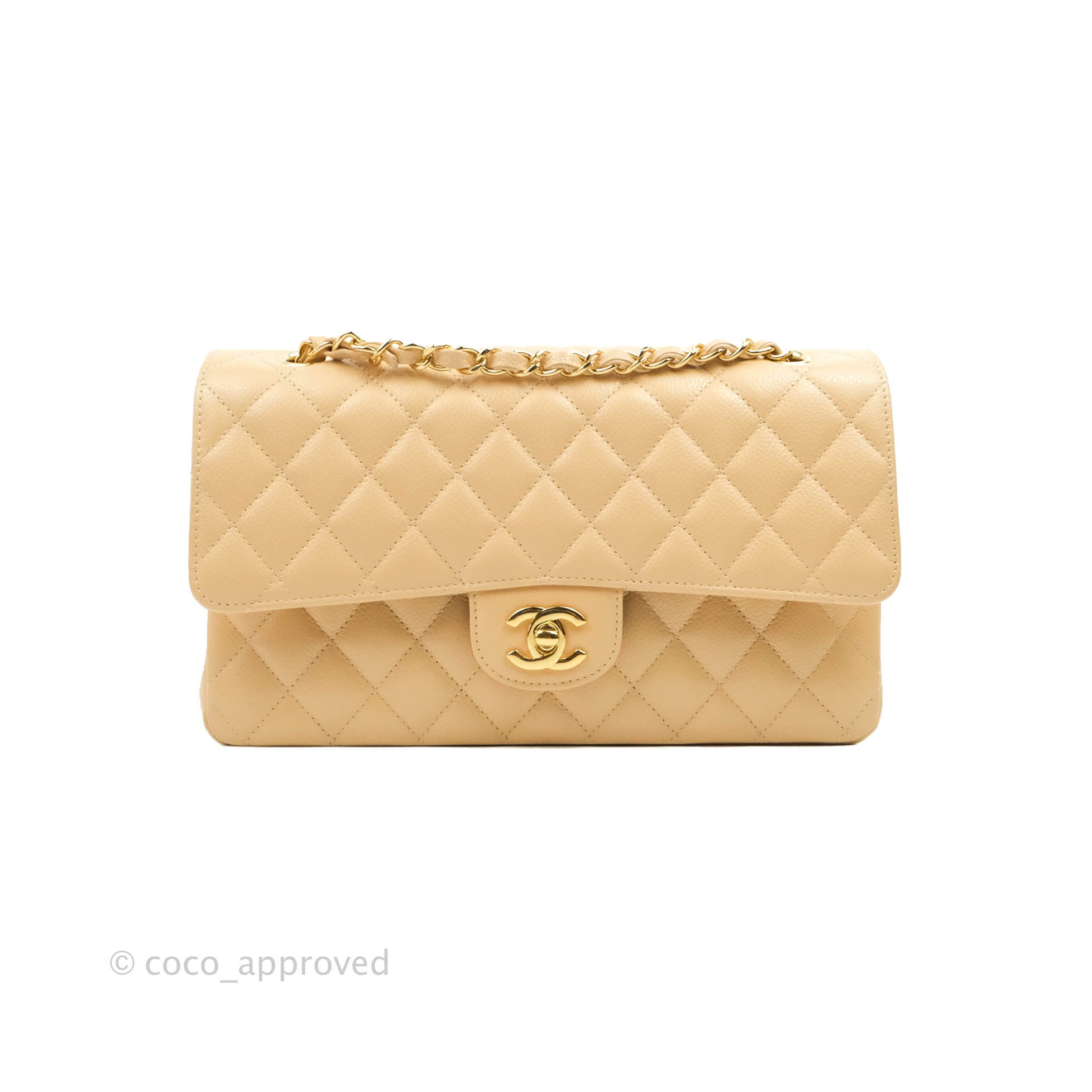 Chanel Classic M/L Medium Flap Bag - Quilted Beige Caviar Leather with Gold Hardware | Luxury Designer Handbag for Women, Perfect for Parties & Everyday Elegance