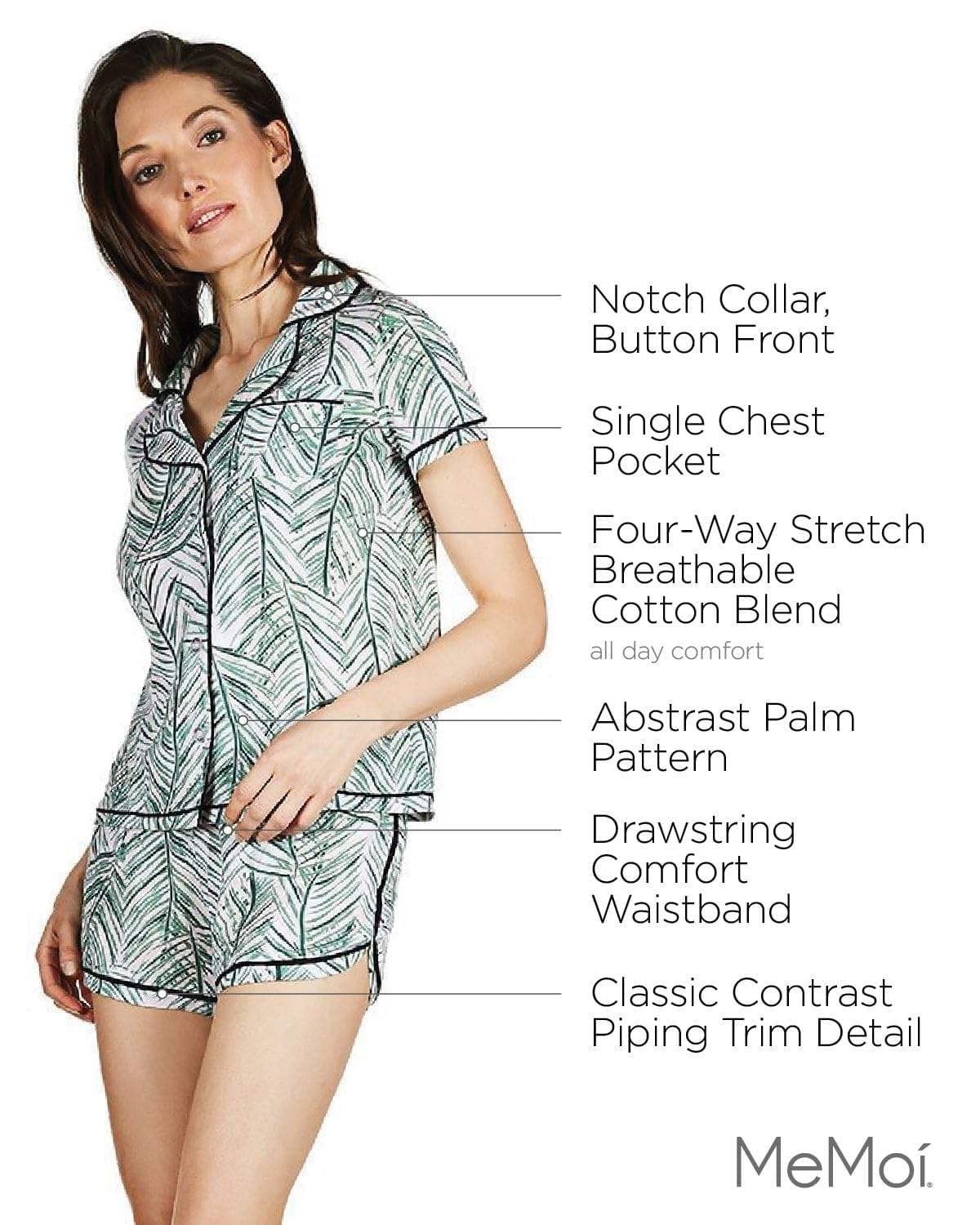 MeMoi Women's Cotton Blend Pajama Set with Palm Print & Notch Collar - Soft Sleepwear for Lounge, Vacation & Home Comfort