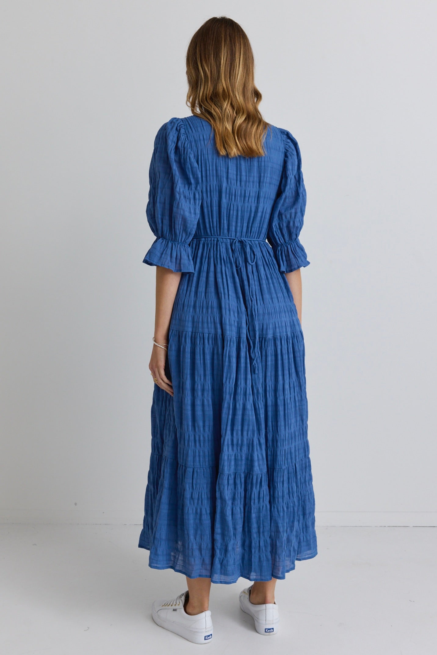 Dreamy Steel Blue Bubble Sleeve Button Front Tiered Maxi Dress for Women - Elegant Boho Summer Beach Dress for Vacations & Outdoor Events