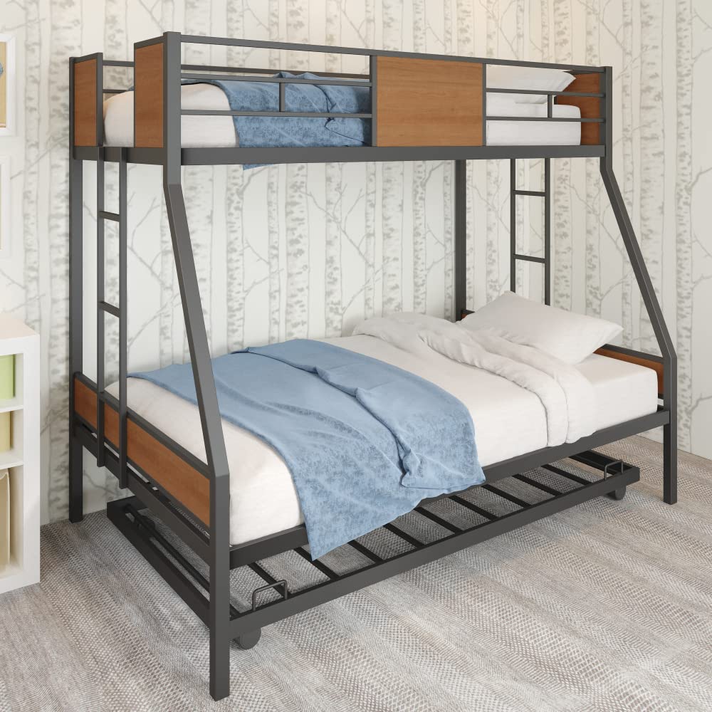 Metal Twin Over Full Bunk Bed with Trundle - Wooden Safety Guardrails & Dual Ladders - Space-Saving Black Bed Frame for Kids, Teens & Guest Rooms - Perfect for Small Bedrooms, Dorms & Vacation Homes