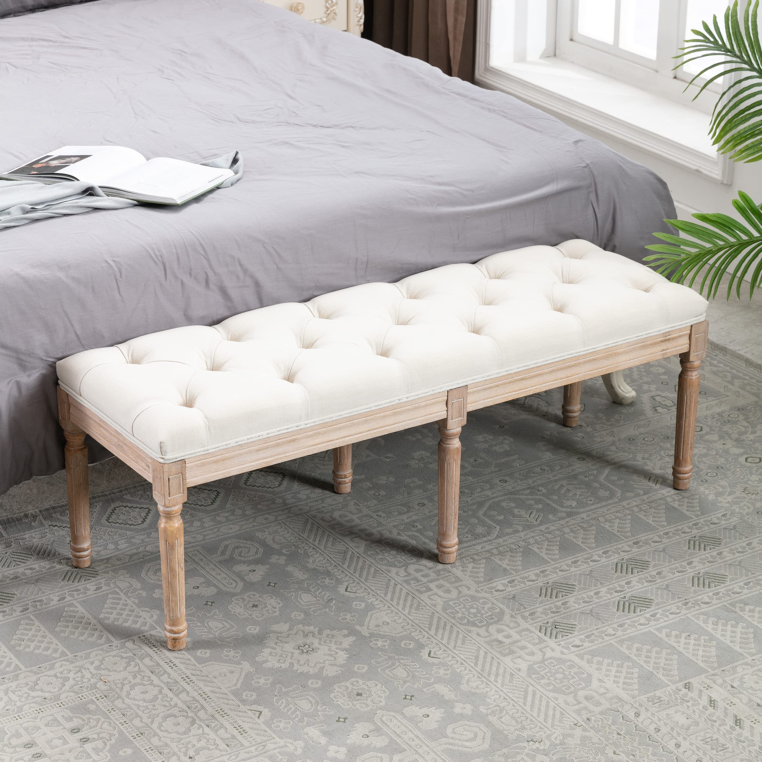 SMARTIK Upholstered End of Bed Bench, French Style Entryway Bench with Rubberwood Legs - Vanity Stool, Piano Bench for Bedroom, Hallway, Living Room (Beige) - Perfect for Home Decor, Sitting & Storage Solution