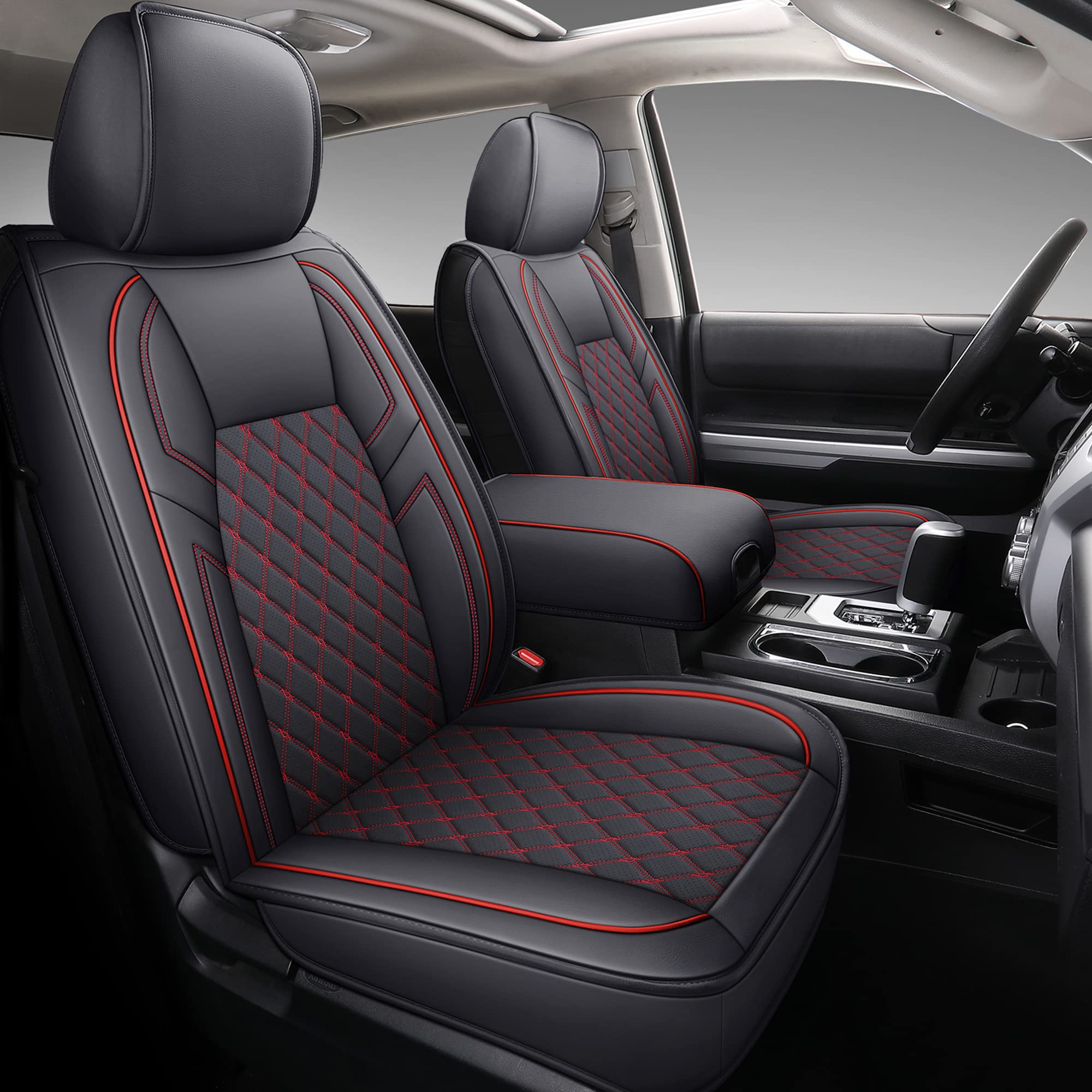 Premium Leather Car Seat Covers for 2007-2021 Toyota Tundra - Full Set Custom Fit Truck Seat Protectors (Red) | Durable & Stylish Upgrade for Off-Roading, Work Commutes & Family Road Trips