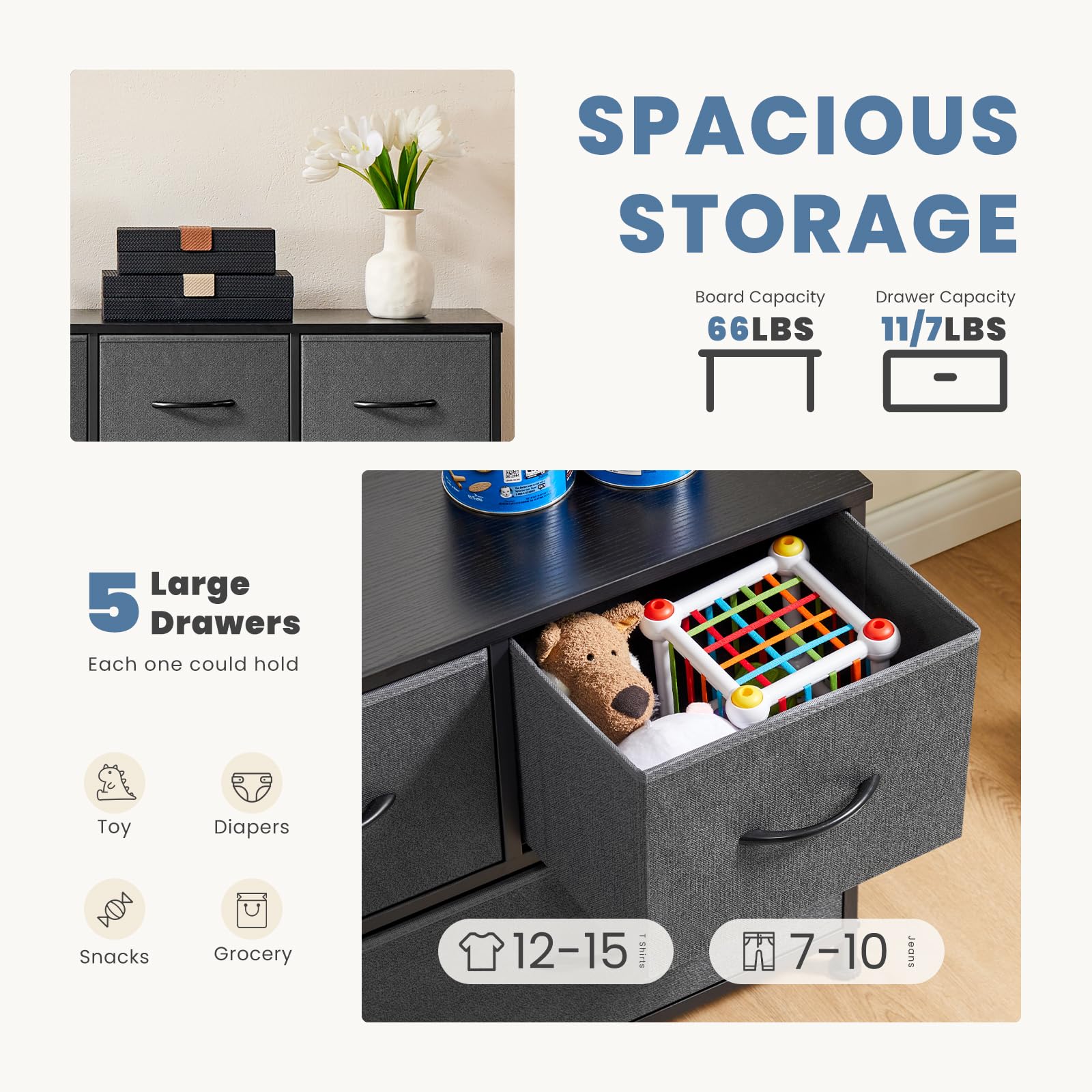 DUMOS 5-Drawer Dresser for Bedroom Storage - Wide Fabric Closet Organizer with Wooden Top & Metal Frame - Perfect for Clothes, Guest Room, Living Room, Hallway & Entryway - Ideal for Small Space Organization & Home Decor