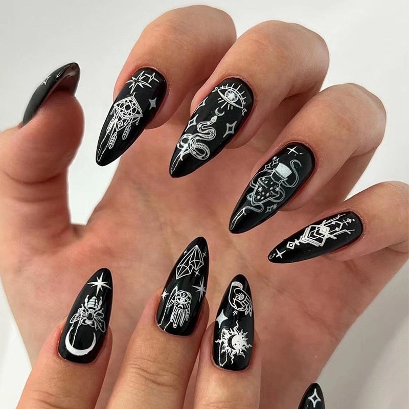 24Pcs Halloween Black Ghost Long Ballet Press On Nails with Heart Blood Design - Detachable Full Cover False Nails for Women, Halloween Party, Cosplay & Gothic Nail Art