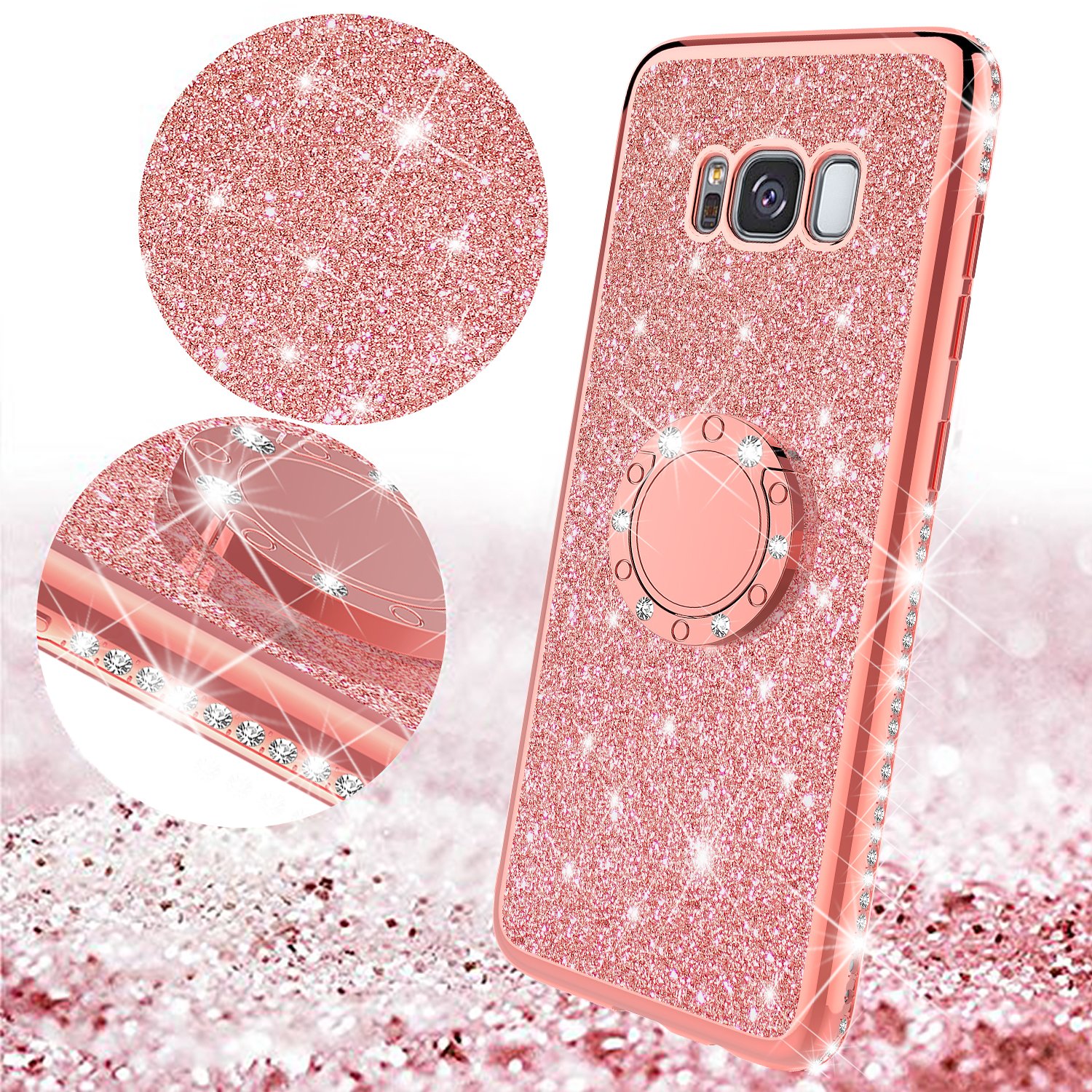 Sparkly Rhinestone Bling Phone Case with Kickstand & Ring Holder - Compatible with Samsung Galaxy S8 | Stylish Diamond Glitter Protective Cover for Women & Girls (Rose Gold) | Perfect for Parties, Dates & Everyday Glam