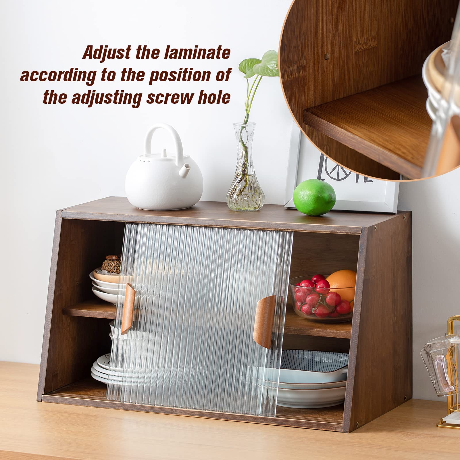 Small Bamboo Kitchen Pantry Cabinet with 2 Sliding Glass Doors - Freestanding Storage for Bottles, Dishes & Bowls - Walnut Finish Sideboard for Dining Room & Kitchen Organization