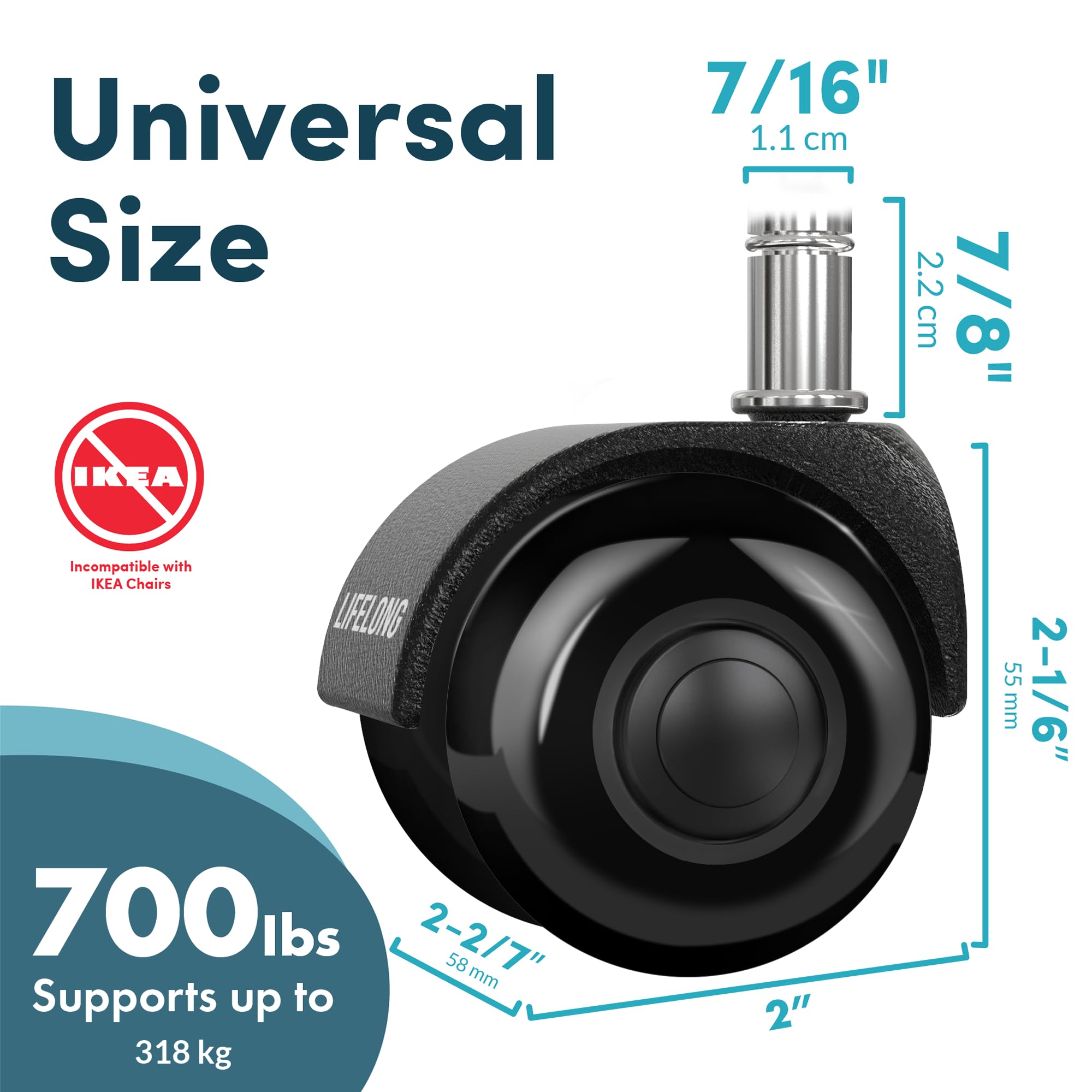 Lifelong Heavy Duty Office Chair Casters - Set of 5 Dual Wheel Replacement Casters for Hardwood Floors & Carpets | Durable Rubber Chair Wheels to Replace Office Chair Mats | Fits 98% of Chairs | Perfect for Home Office, Conference Rooms & Workspaces