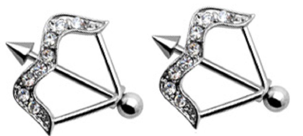 14G Body AccentzTM CZ Bow & Arrow Nipple Ring Bars - Hypoallergenic Surgical Steel Body Jewelry Pair for Piercing Lovers | Perfect for Everyday Wear, Night Out & Body Piercing Enthusiasts