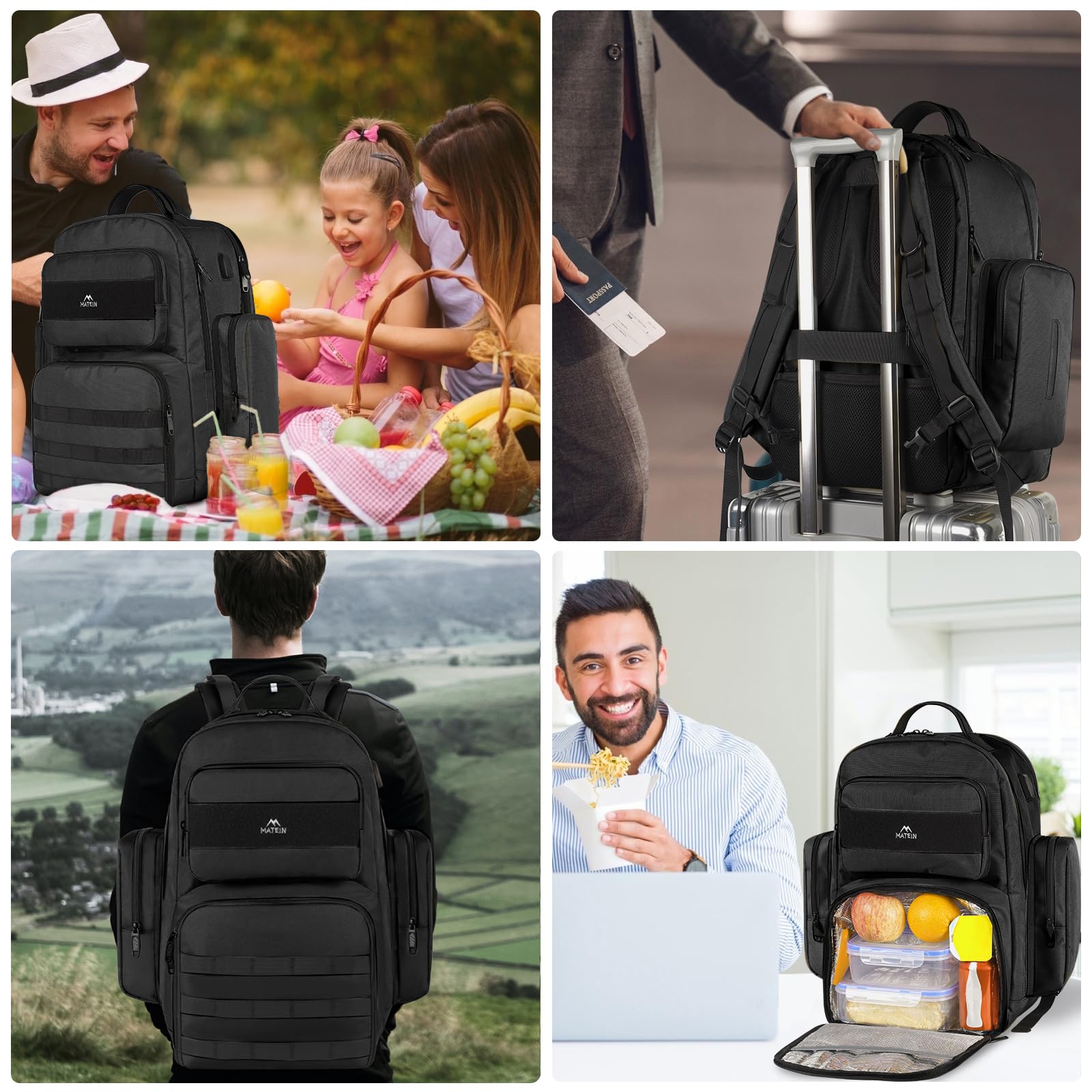 **MATEIN 15.6 Inch Tactical Backpack for Men - Insulated Lunch Compartment & Laptop Sleeve - Durable Work Backpack for Travel, Hiking, Camping, Beach & Picnic - Black**