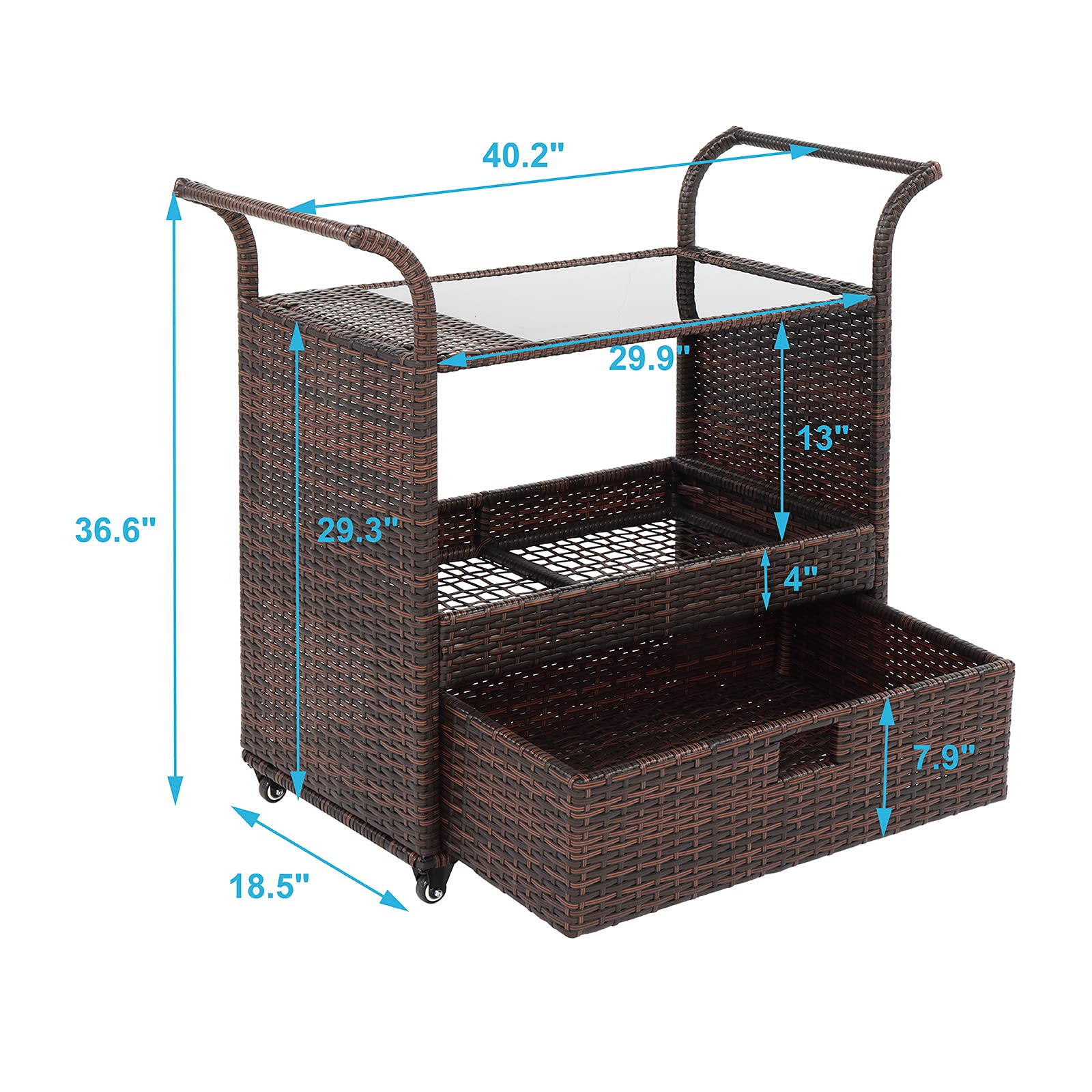 Outvita Outdoor Rolling Wicker Bar Cart with Storage Basket & Lockable Wheels - Rattan Beverage Cart with Glass Top for Patio, Poolside, Garden Parties & Home Entertaining