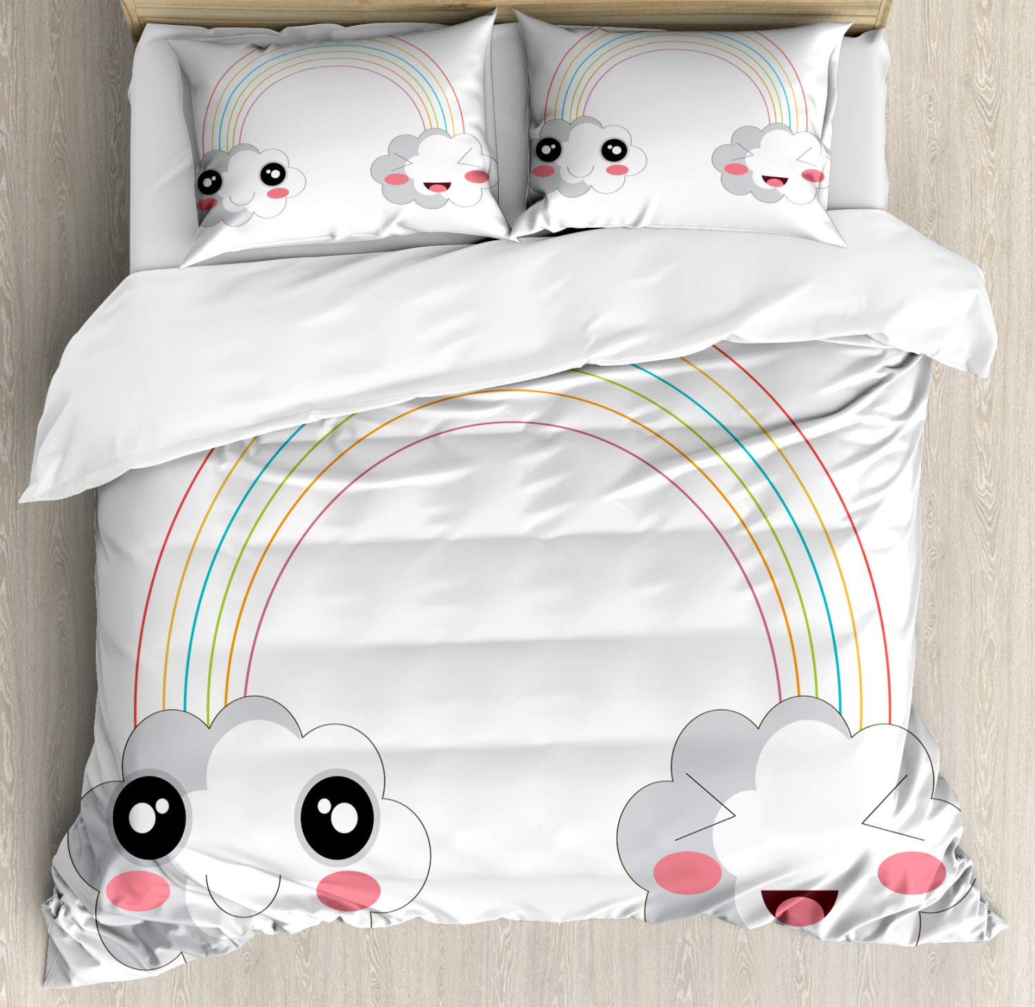 Ambesonne Anime Duvet Cover Set - 2 Clouds & Rainbow Happy Face Japanese Design, 3-Piece Bedding Set with 2 Pillow Shams, Queen Size, Multicolor | Perfect for Anime Fans' Bedroom Decor & Gift Ideas
