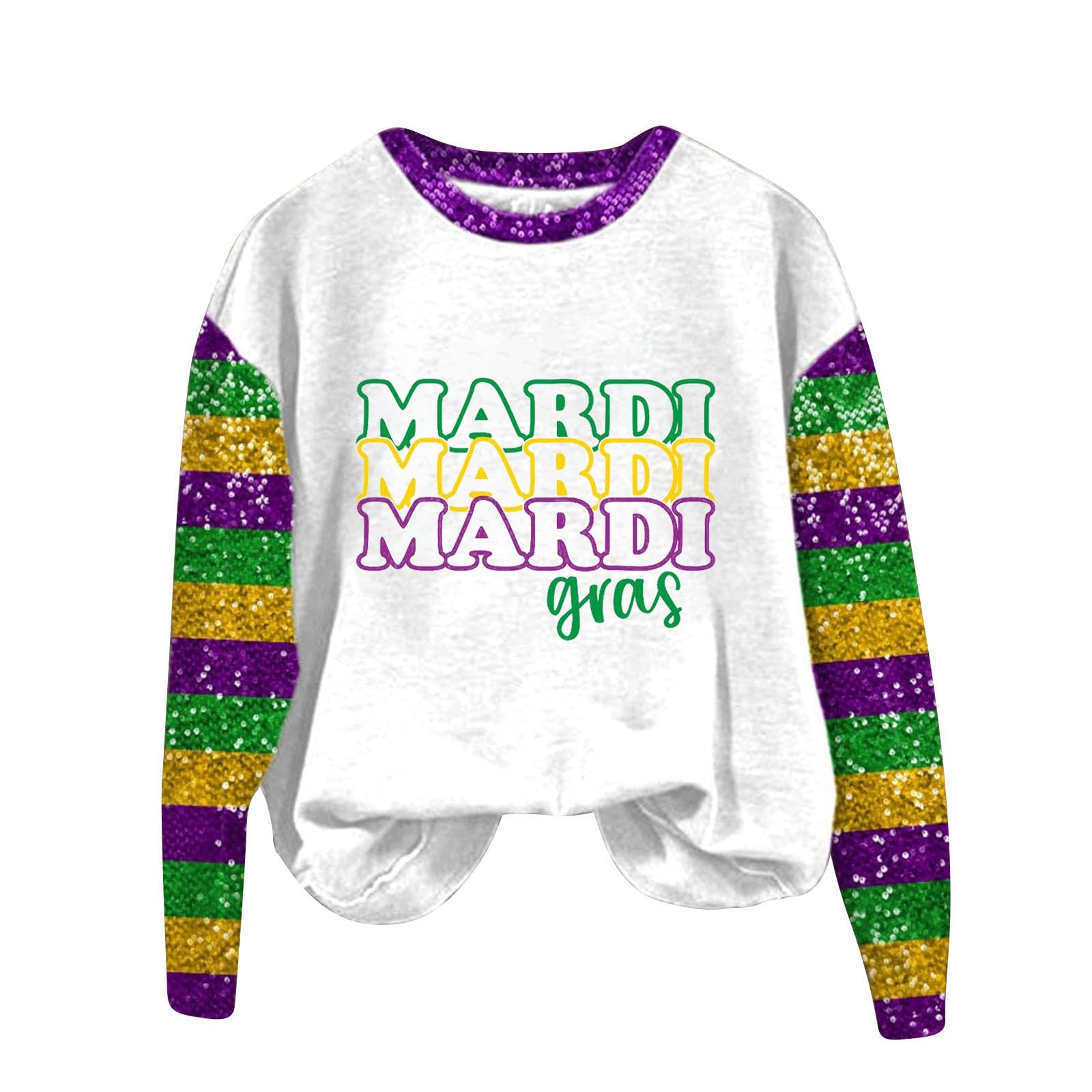 SHAOBGE Women's Mardi Gras Shirts - Carnival Print Crew Neck Long Sleeve Blouse for Spring & Summer | Festive Party Wear, Costume Events, Themed Outfits & Casual Going Out Tops 2025