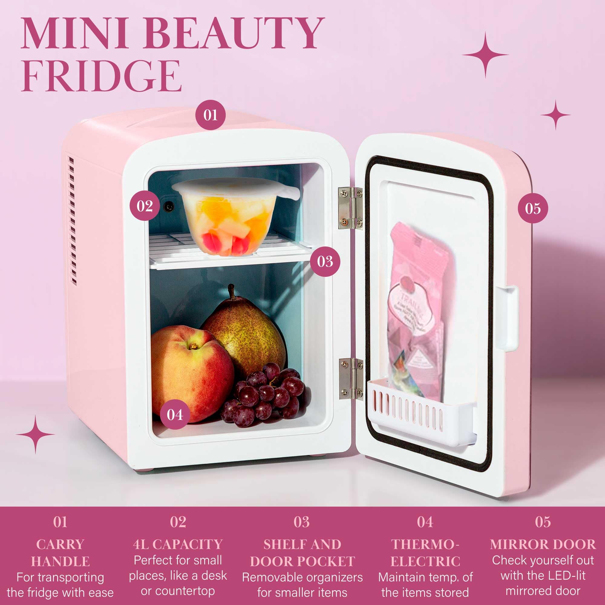 Paris Hilton Mini Beauty Fridge - 4L Pink Cosmetic Cooler with LED Mirror for Skincare Storage at Home