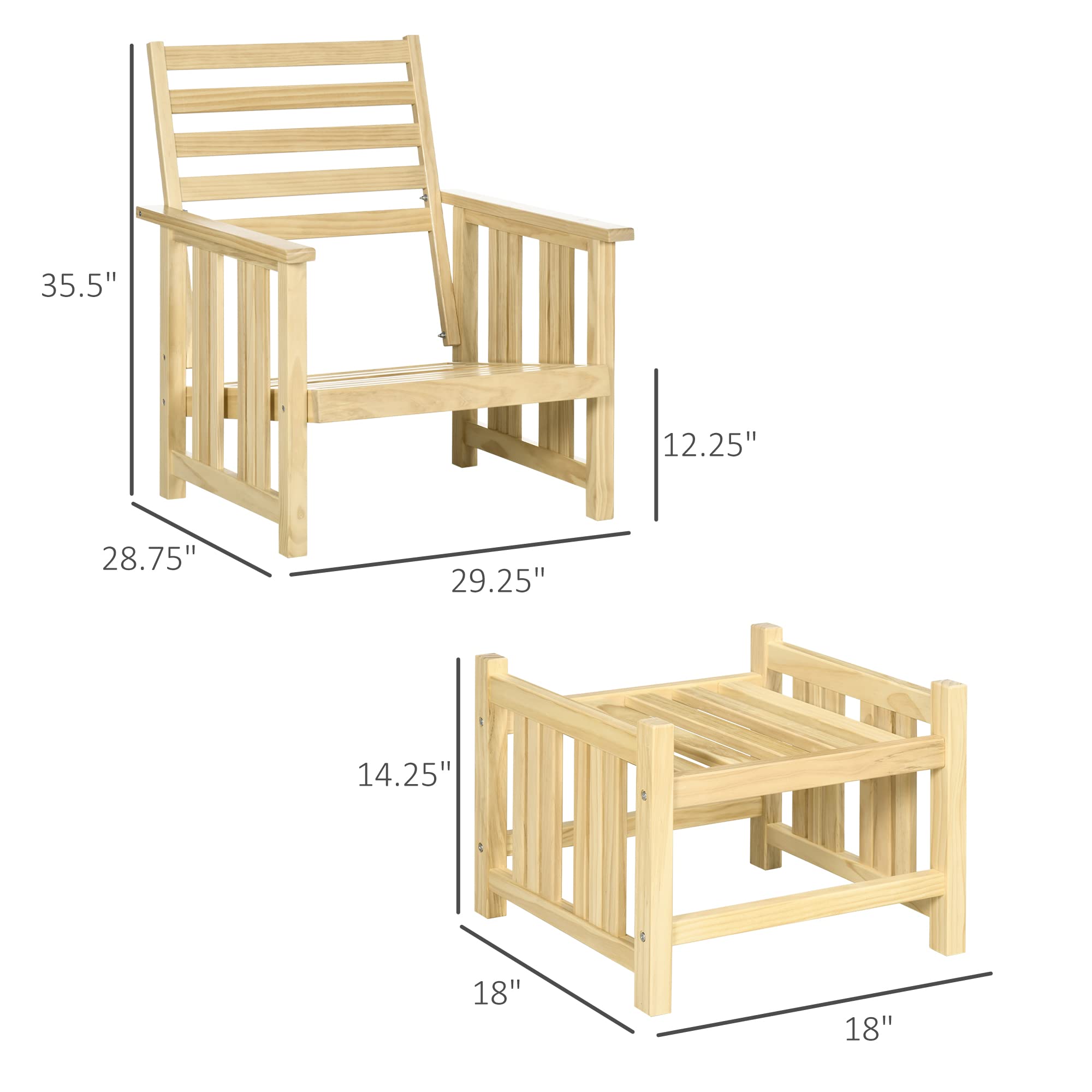 Outsunny 2-Piece Wood Patio Furniture Set with Ottoman - Beige Cushioned Outdoor Lounge Chairs & Footrest for Backyard, Poolside, Garden Relaxation