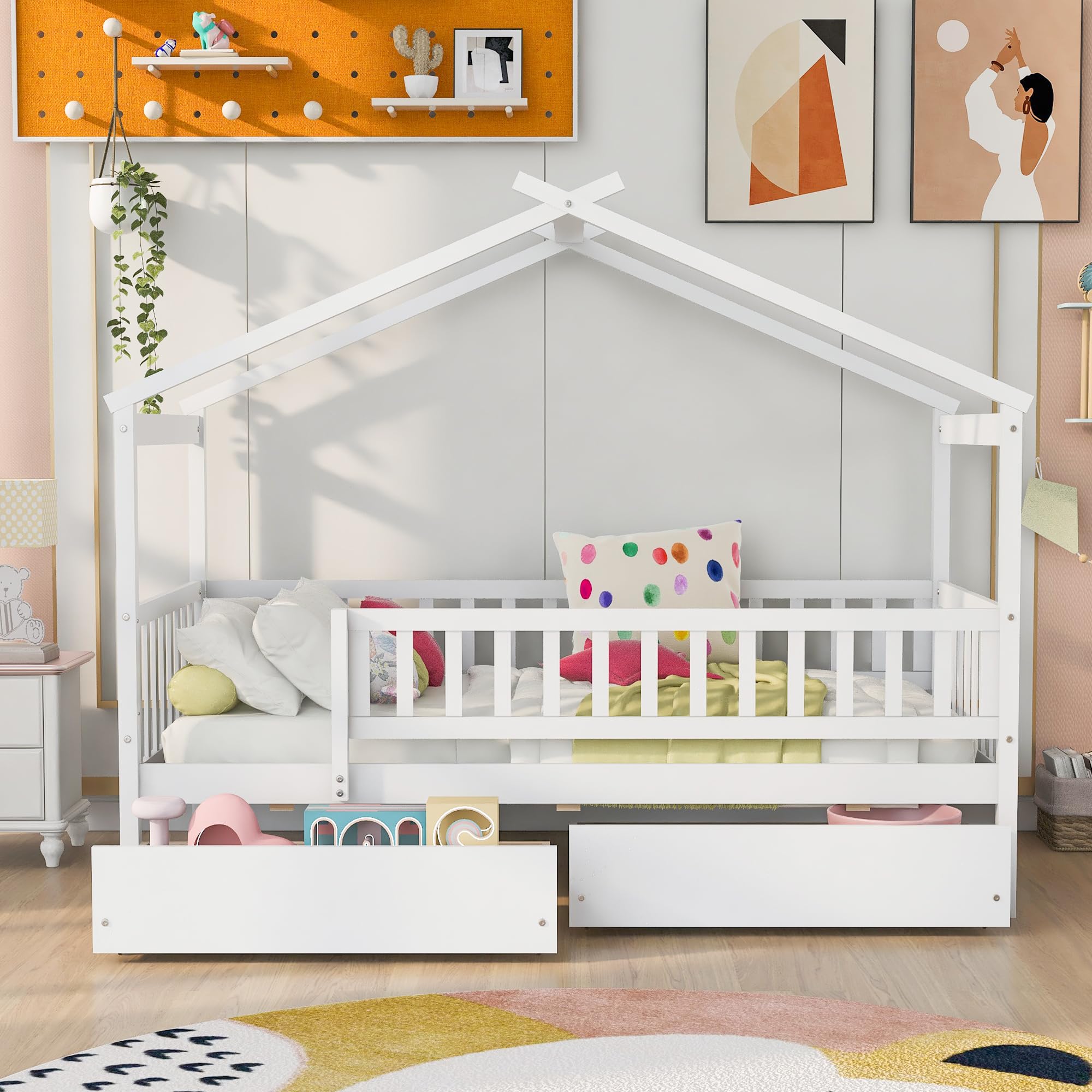Harper & Bright Designs Twin Size Wooden House Bed for Kids with 2 Storage Drawers - Montessori Bed Frame with Roof & Safety Rails - Perfect for Boys & Girls Bedrooms (White) - Ideal for Small Spaces, Playrooms & Montessori Learning Environments