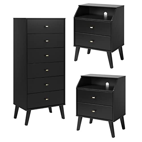 Modern 3-Piece Bedroom Set - 2 Nightstands with Storage Cubby & 6-Drawer Tall Dresser for Master Bedroom or Guest Room Furniture