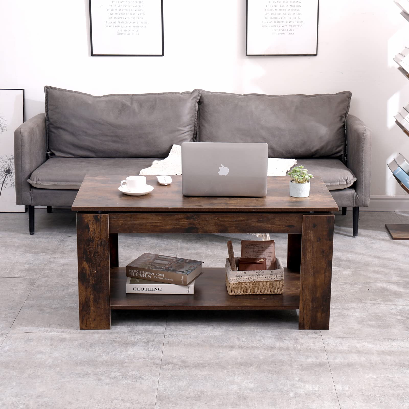 Lift Top Coffee Table with Hidden Storage Compartment & Shelf - Adjustable Height Rustic Brown End Table for Living Room, Reception, Office & Small Spaces - Perfect for Remote Work, Entertaining & Home Organization