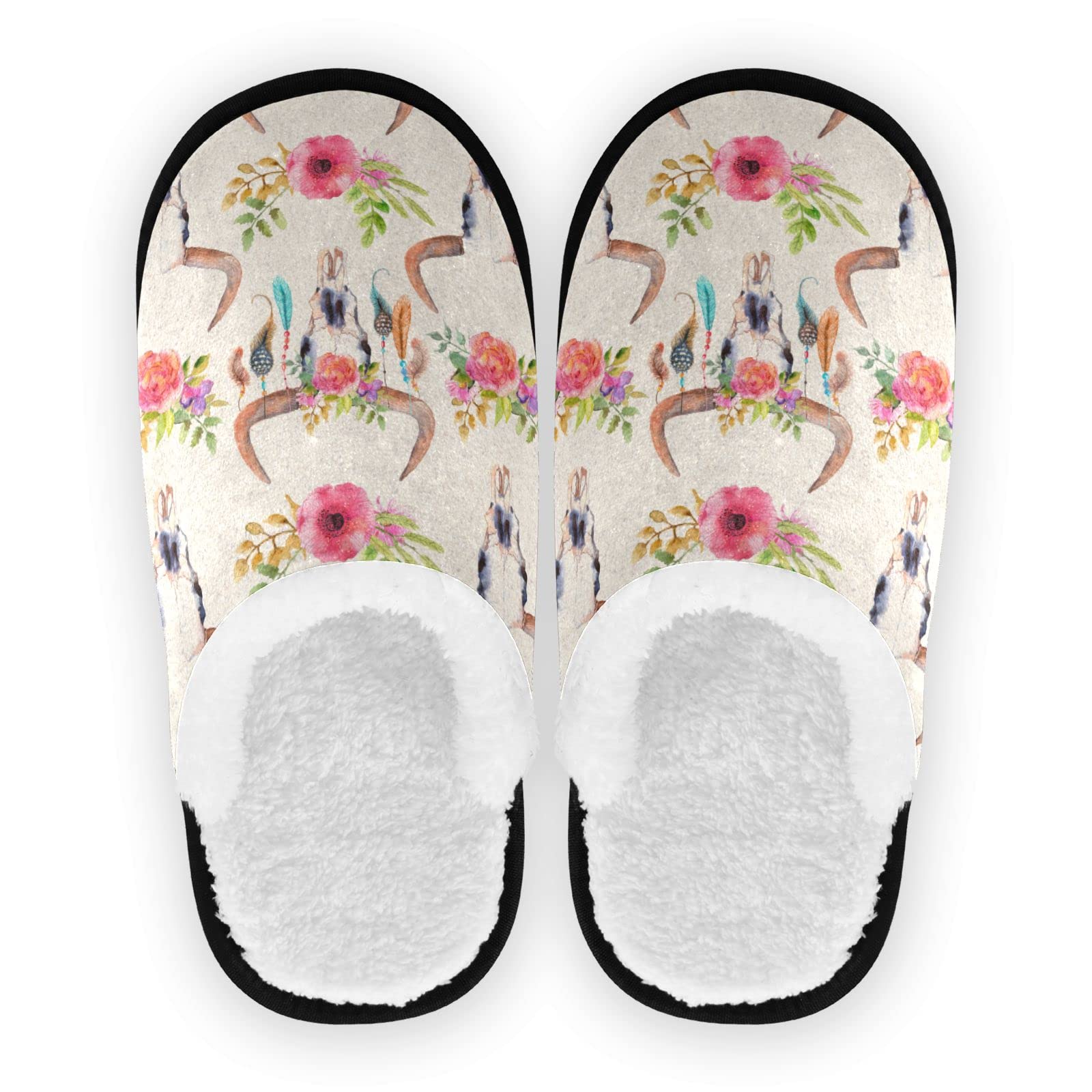 Vozoza Memory Foam Slippers for Women & Men - Non-Slip Indoor/Outdoor House Shoes with Watercolor Bull Skull Floral Design - Perfect for Home, Travel, and Gift Giving
