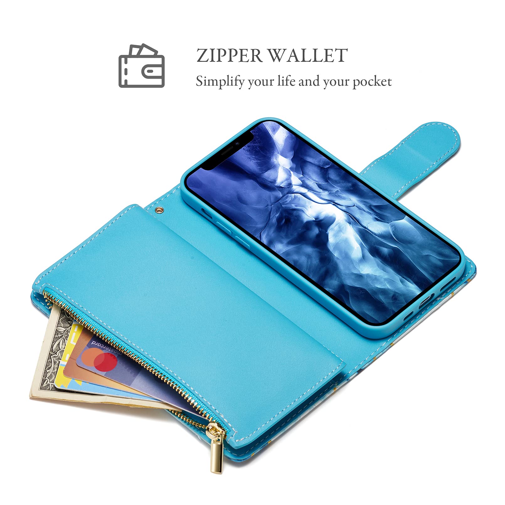 Premium PU Leather Wallet Case for iPhone 12 Pro Max - Magnetic Closure, Zipper Pocket, Kickstand & Card Slots with Hand Strap | Stylish Marble Blue Flip Phone Case for Women | Perfect for Work, Travel & Everyday Use